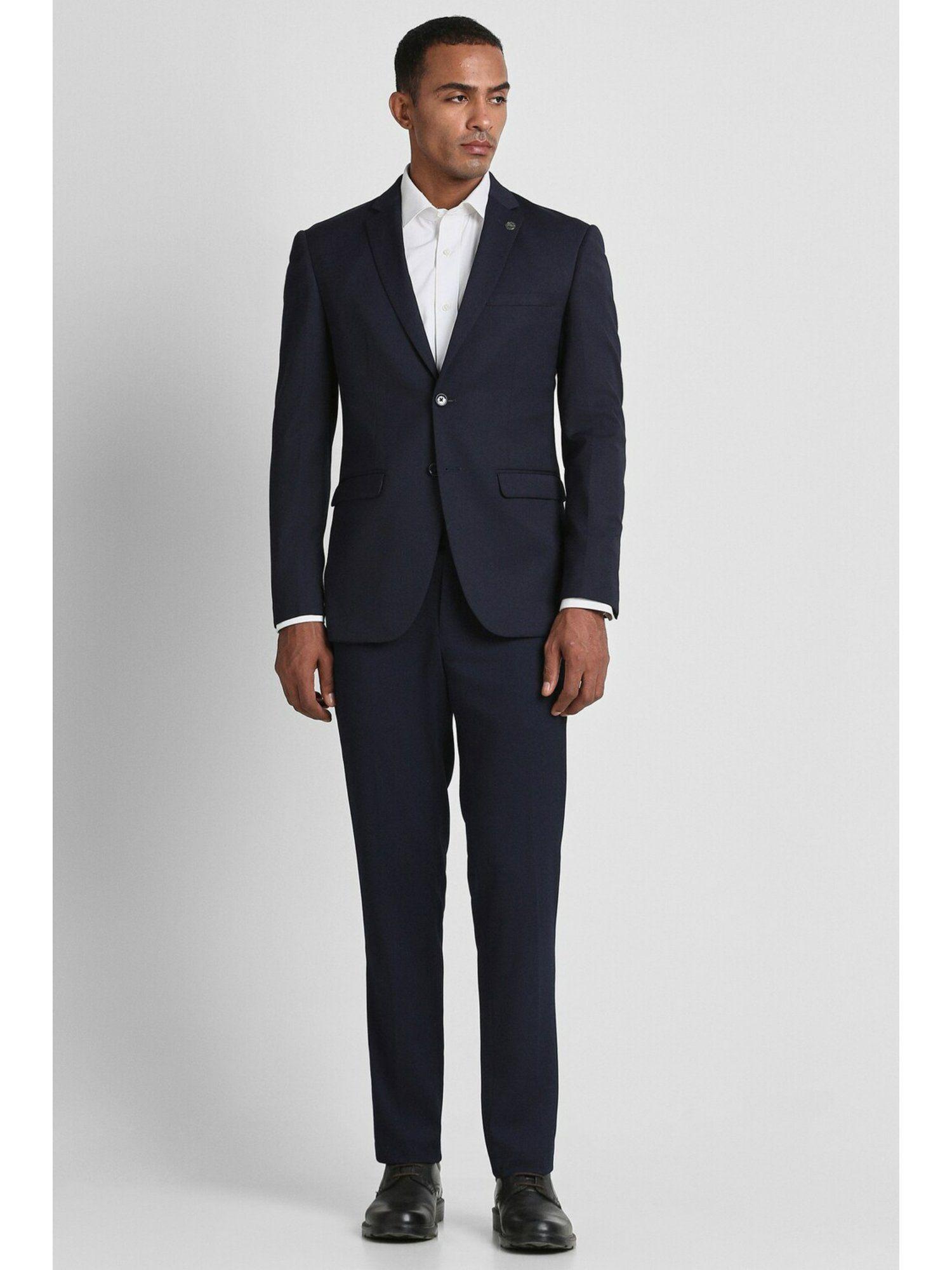 men navy solid slim fit formal suit (set of 2)