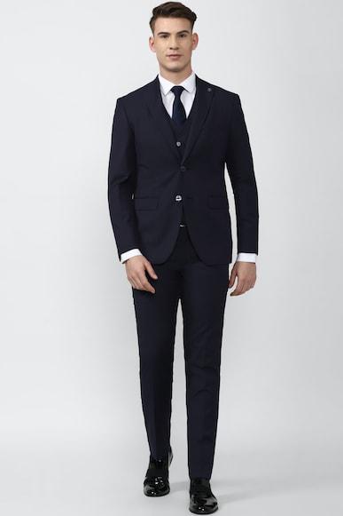 men navy solid slim fit formal three piece suit