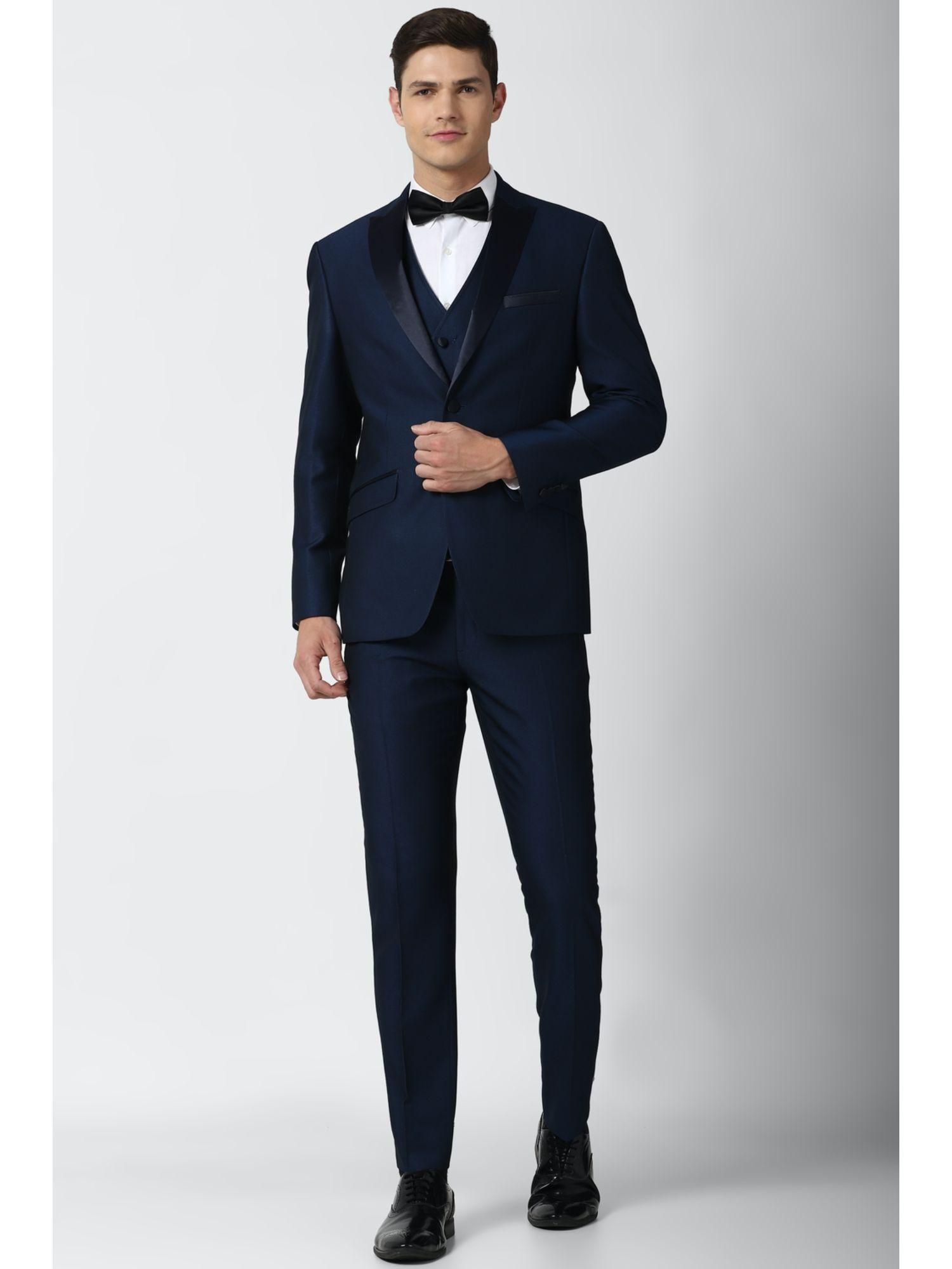 men navy solid slim fit party three piece suit (set of 3)