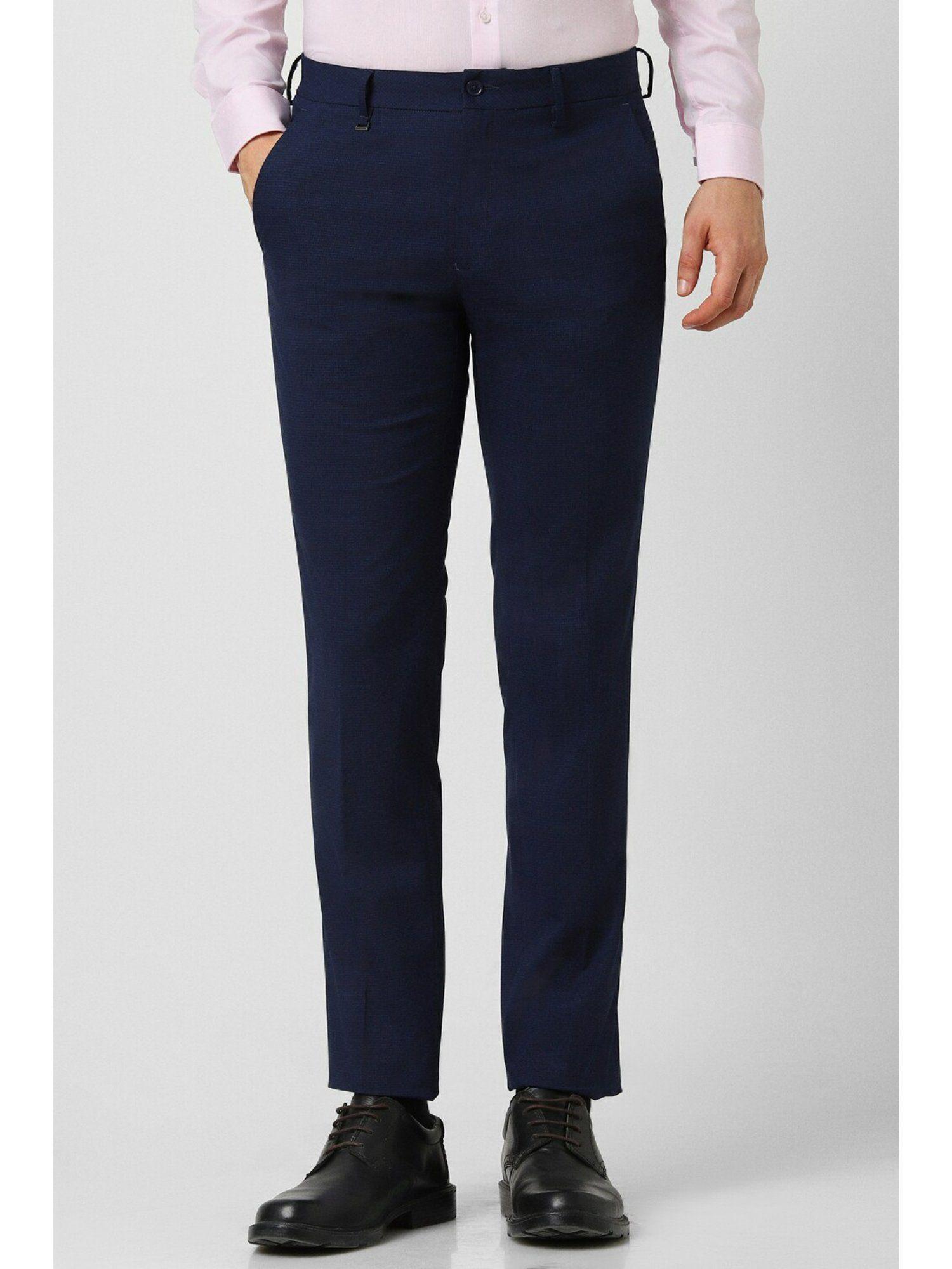 men navy solid slim fit trousers