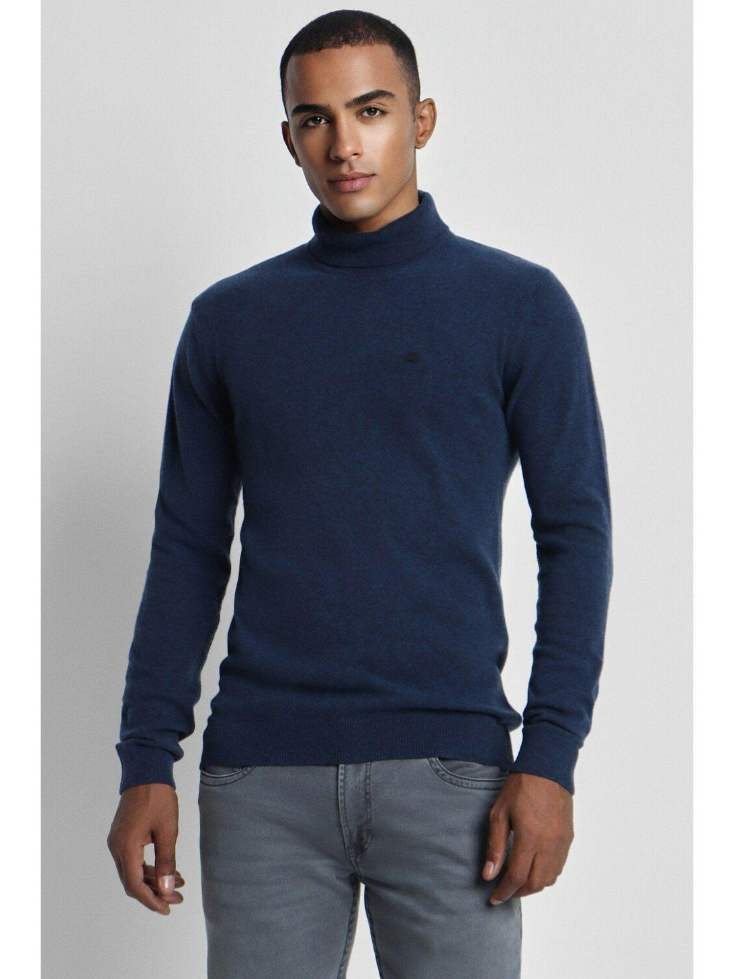 men navy solid turtle neck sweater