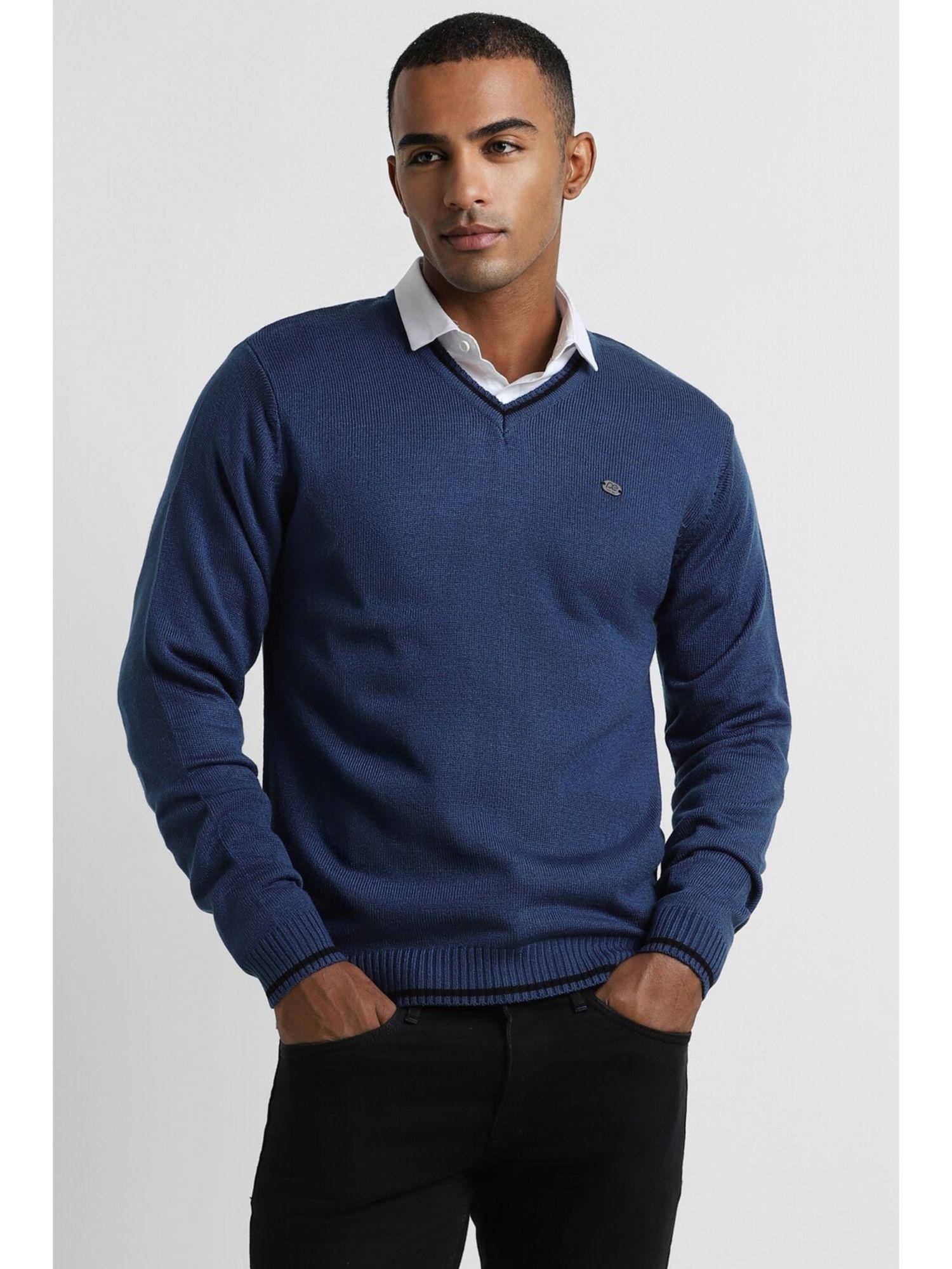 men navy solid v neck sweater