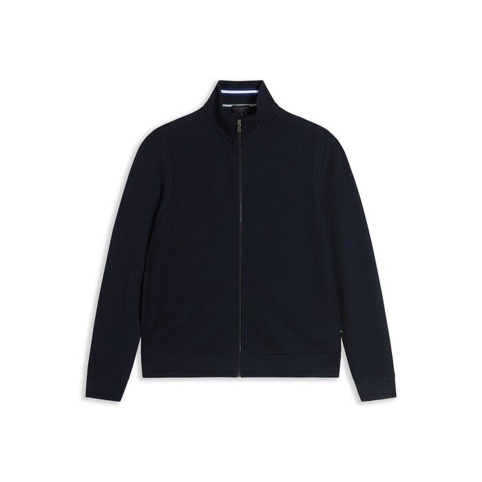 men navy solid zip through funnel-neck jacket