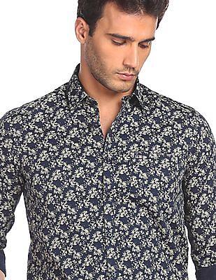 men navy spread collar floral print casual shirt