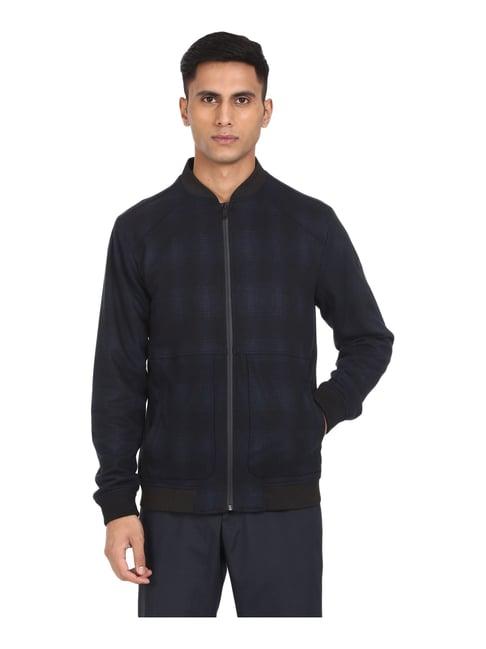 men navy stand collar check jacket