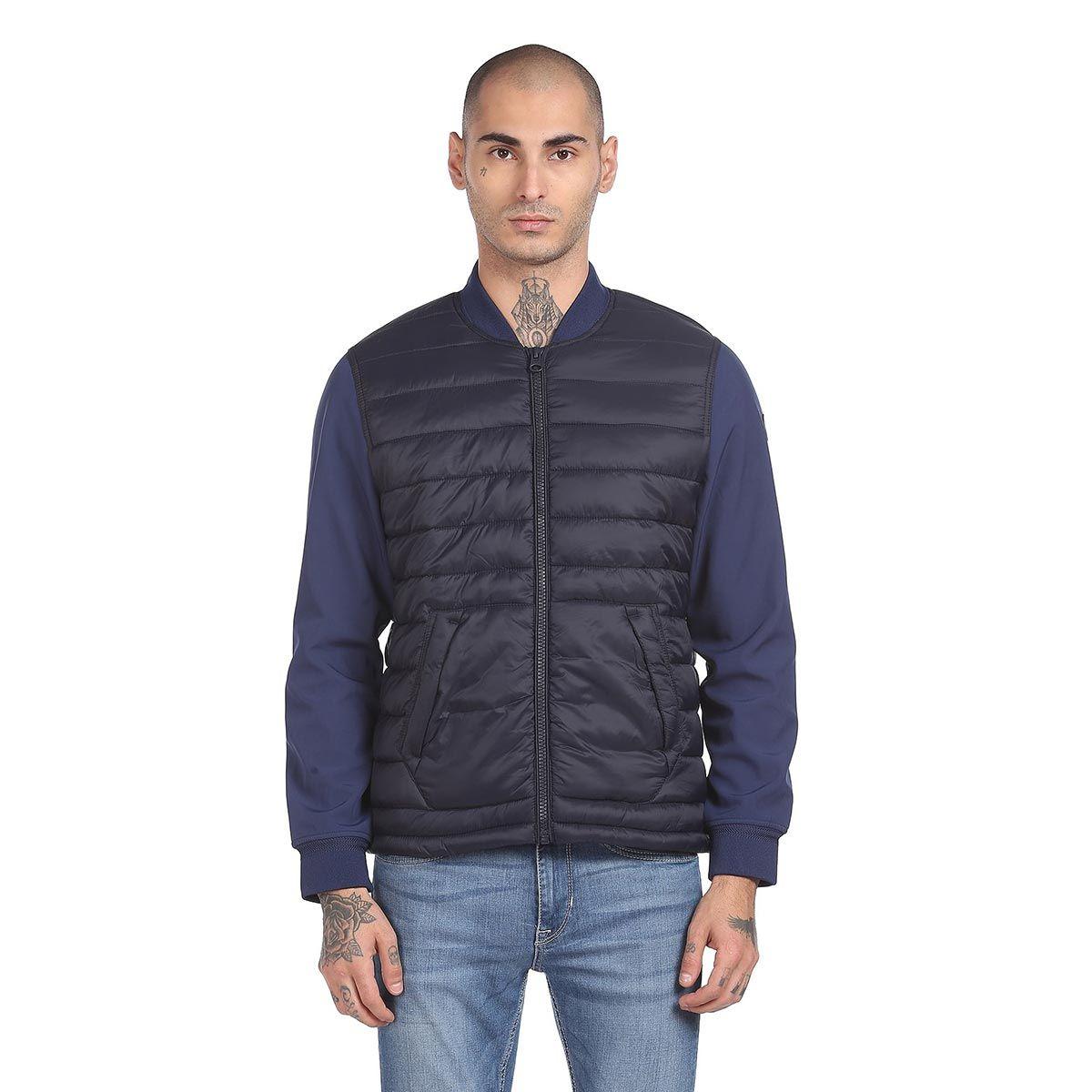 men navy stand collar solid quilted jacket