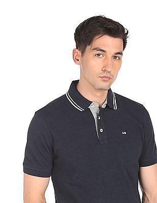 men navy striped collar textured polo shirt