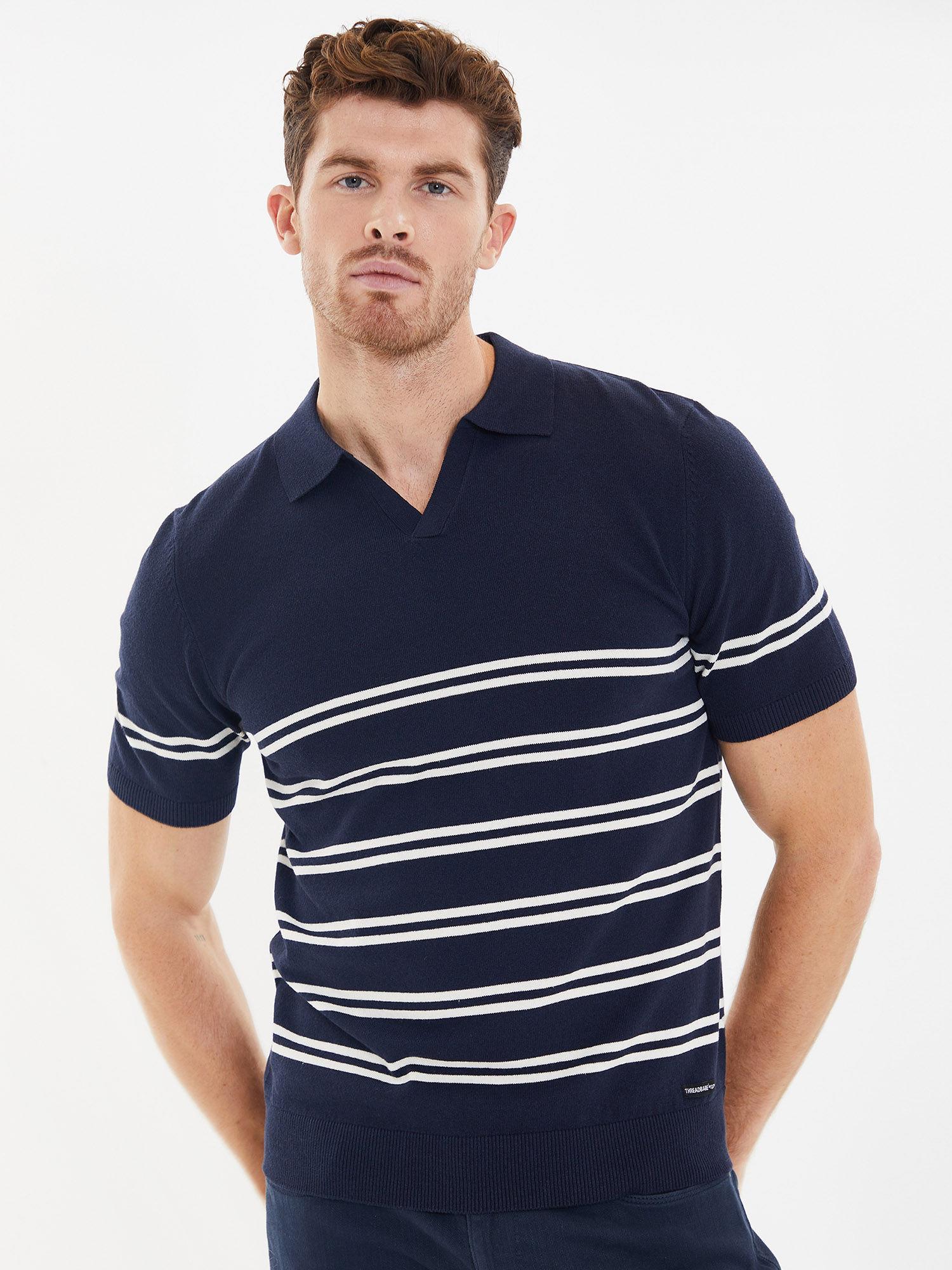 men navy striped knitted polo t-shirt