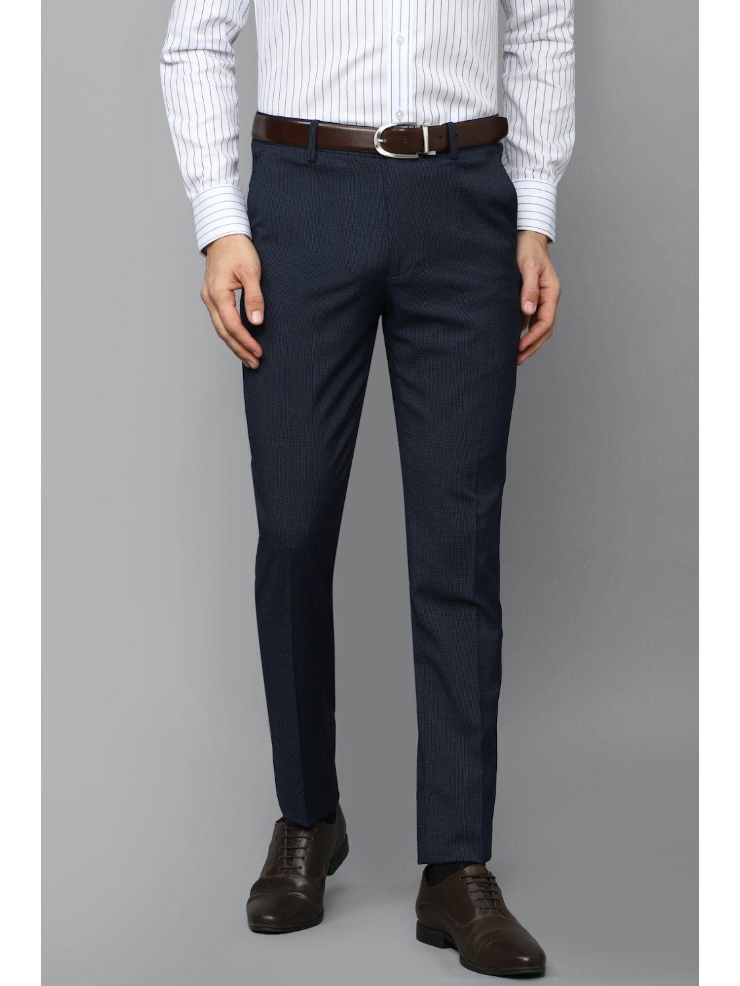 men navy super slim fit check flat front formal trousers