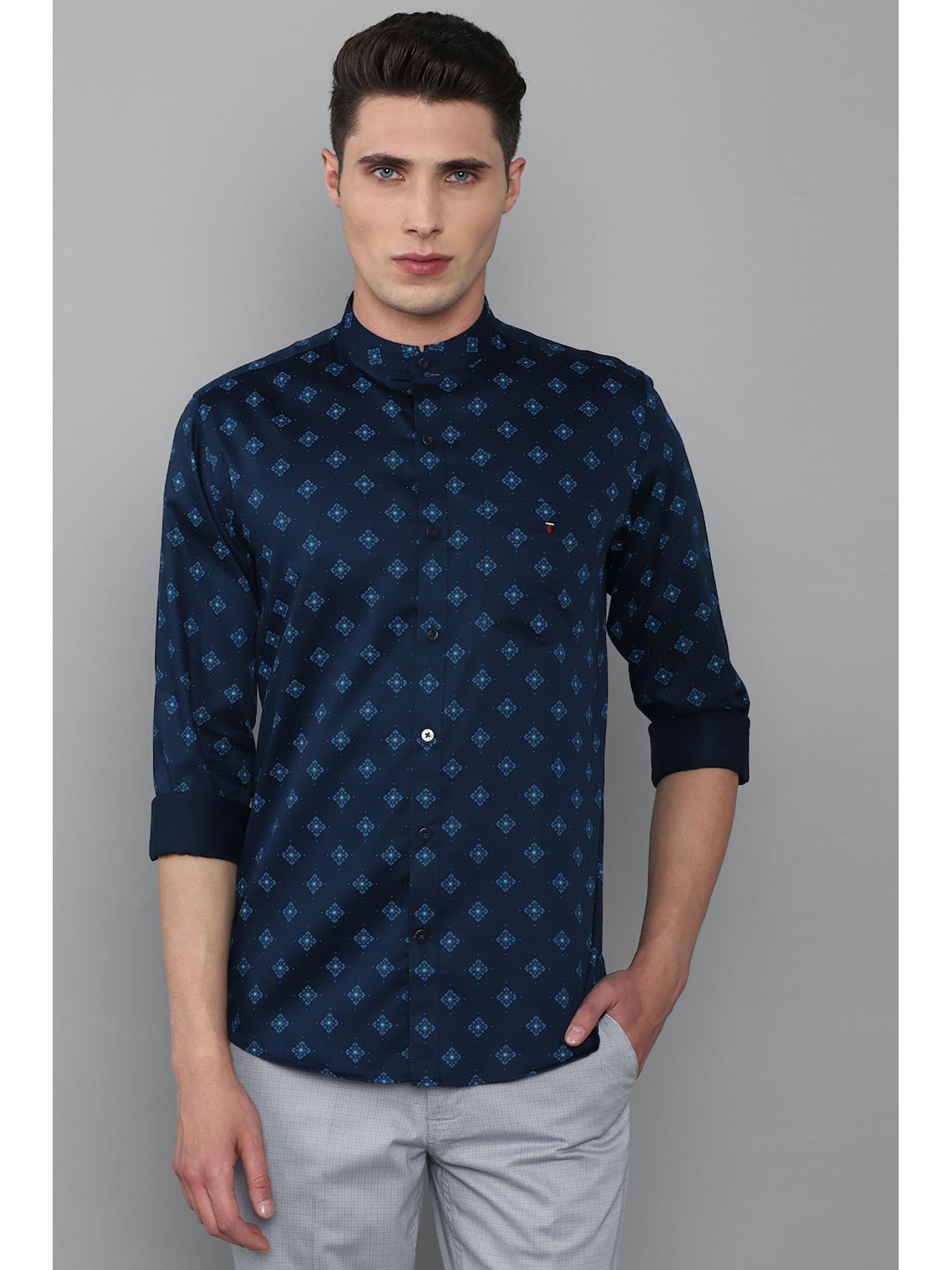 men navy super slim fit print full sleeves casual shirt