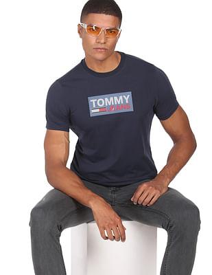 men navy textured brand print slim fit t-shirt