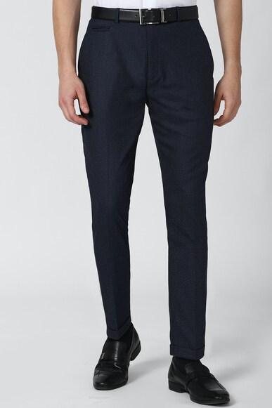 men navy textured carrot fit formal trousers