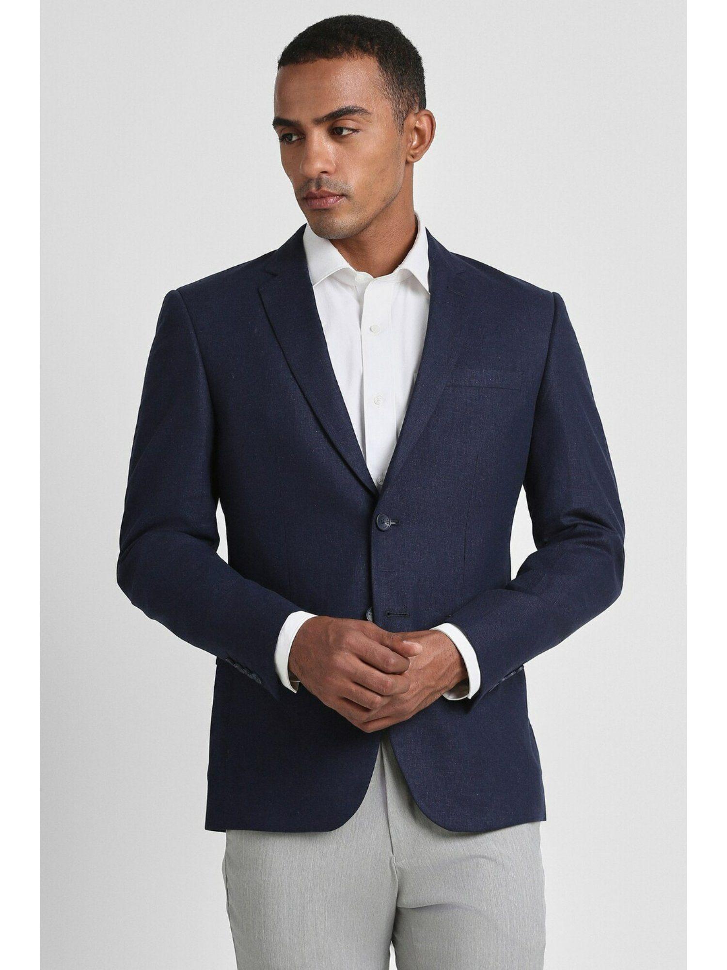 men navy textured slim fit formal blazer