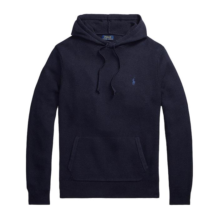men navy woven-stitch cotton hooded sweater