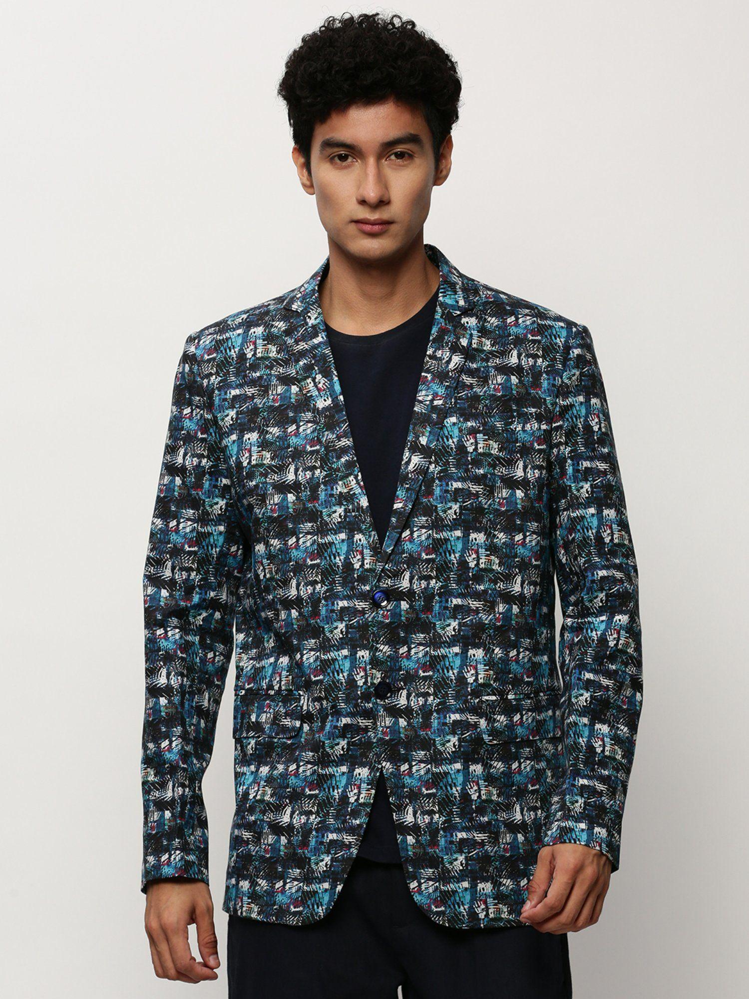 men notched lapel printed blue single breasted blazer