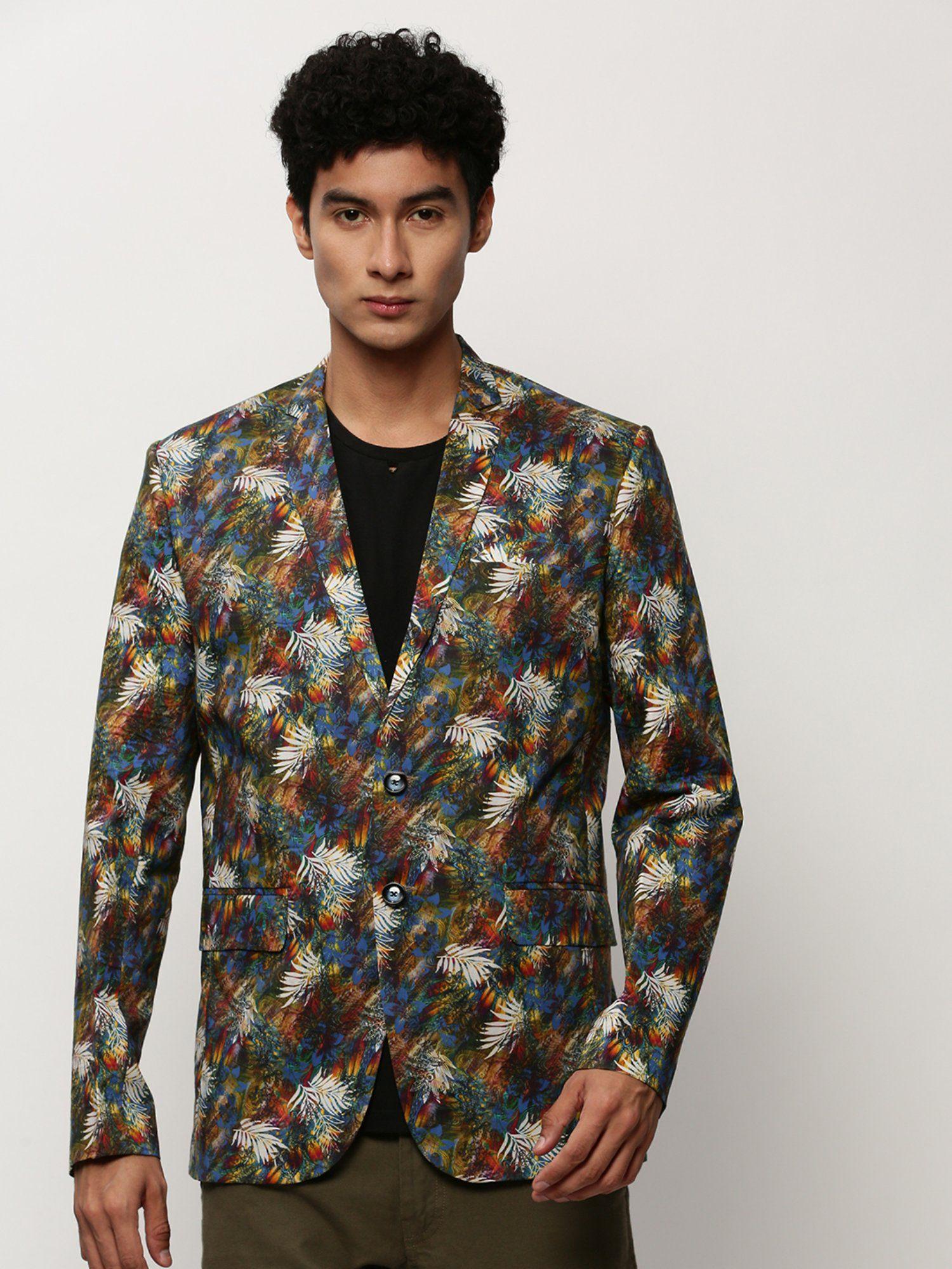 men notched lapel printed multi-color single breasted blazer