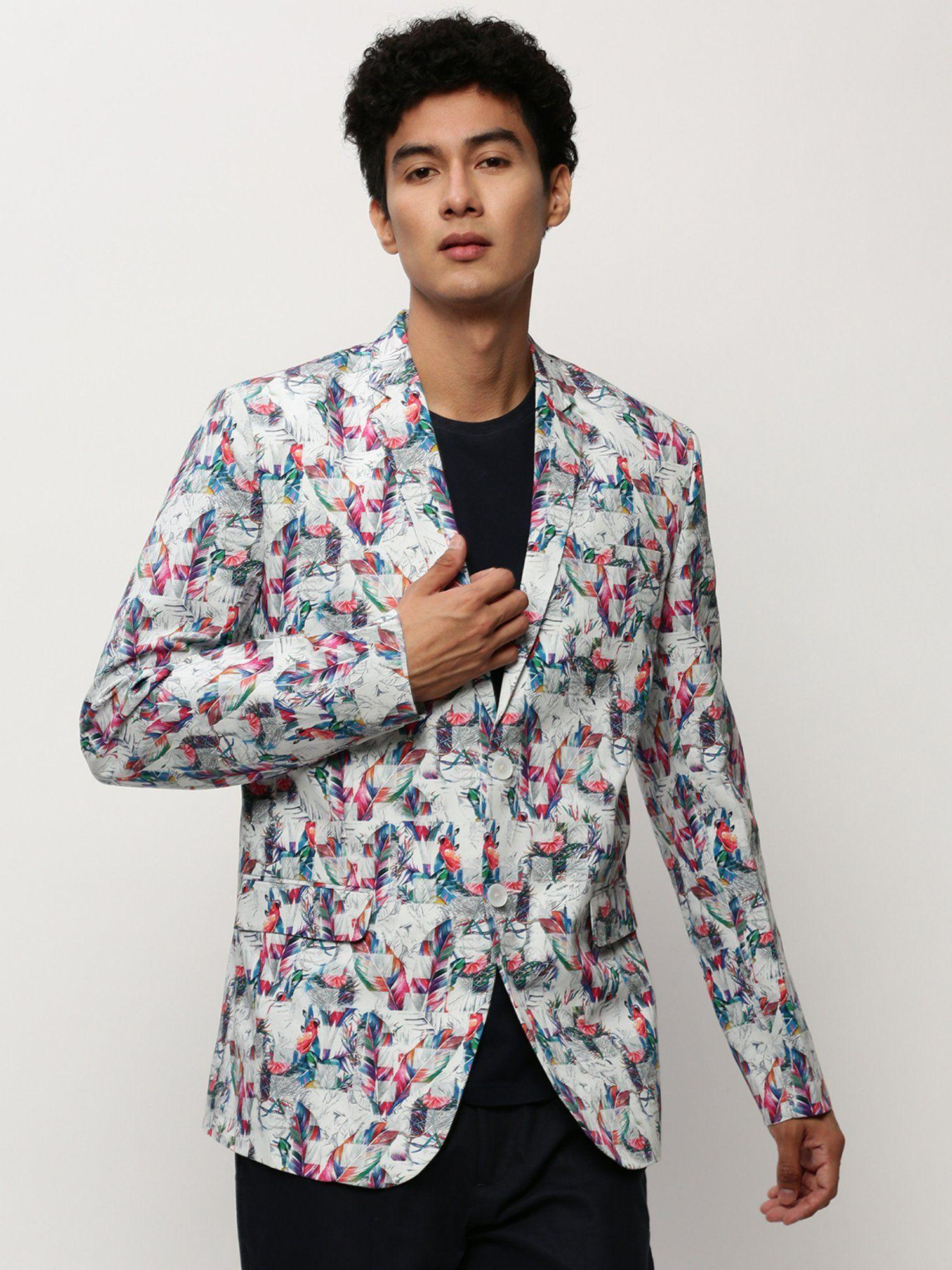 men notched lapel printed white single breasted blazer