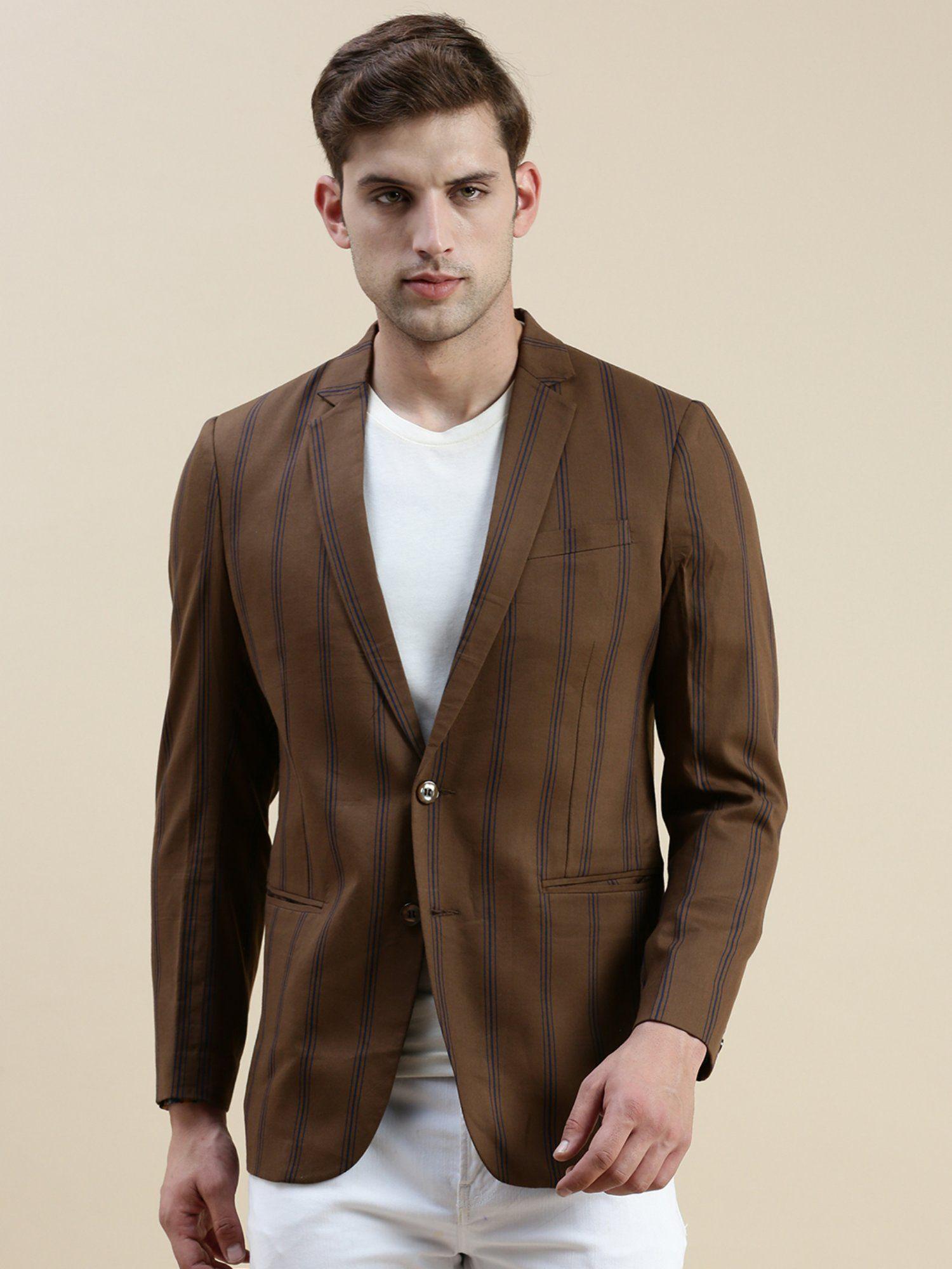 men notched lapel striped brown single breasted blazer