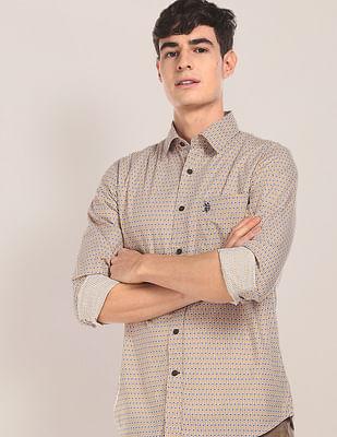 men ochre cotton printed casual shirt