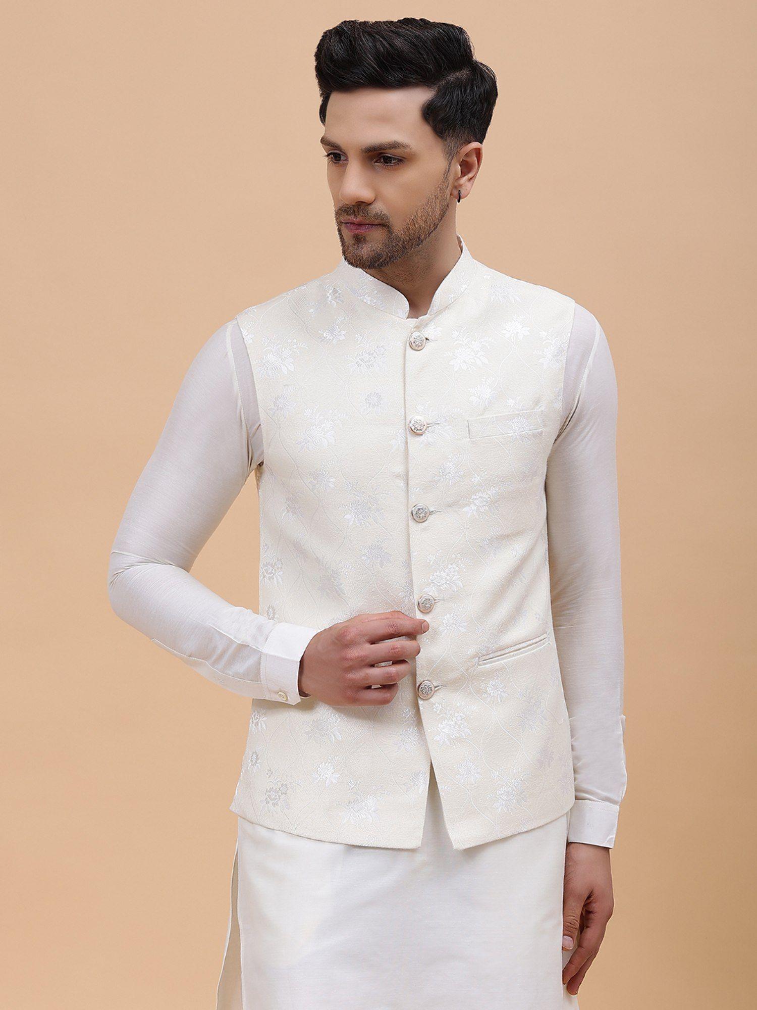 men off white & gold woven design jacquard nehru jacket