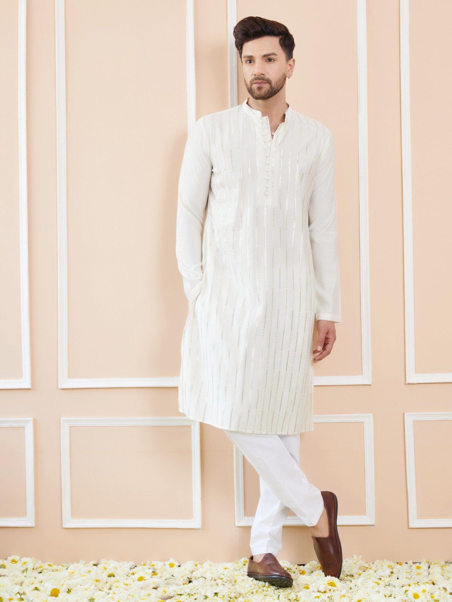 men off white and gold chanderi silk sequins kurta