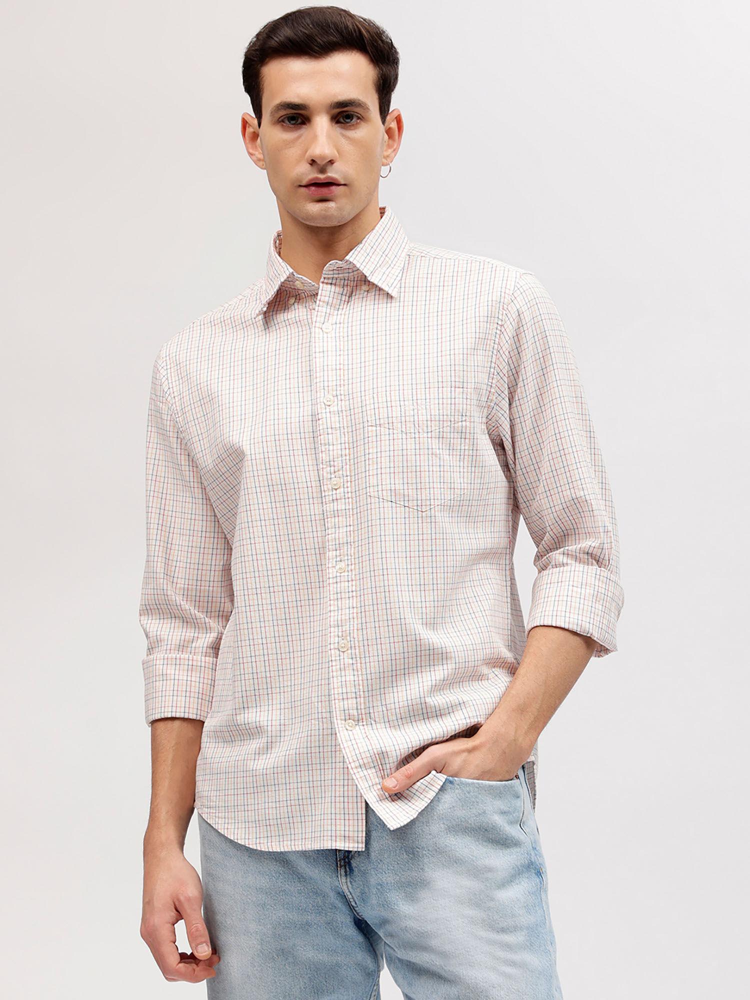 men off white checked button-down collar full sleeves shirt