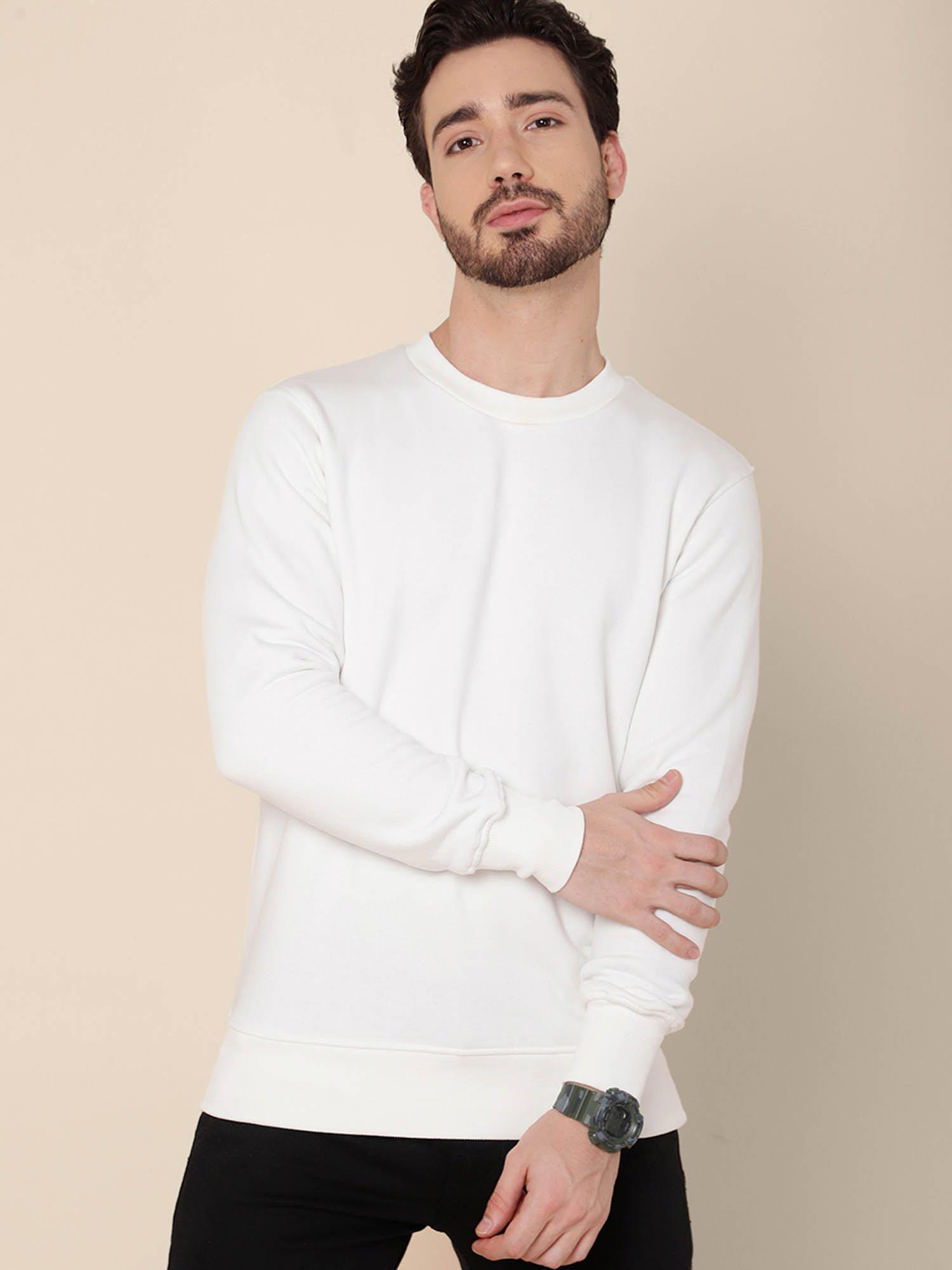 men off-white coloured solid pullover sweatshirt