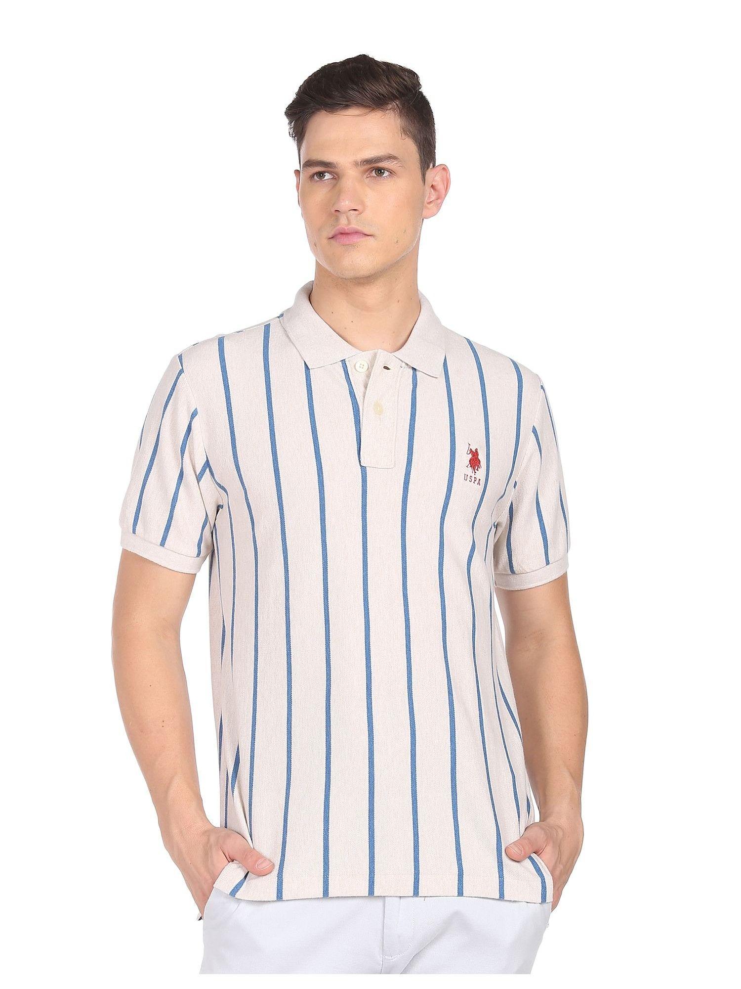 men off white cotton pique vertical stripe polo shirt