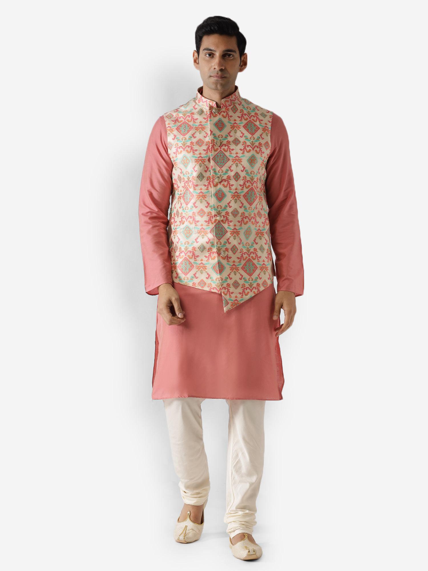 men off white kurta jacket (set of 3)