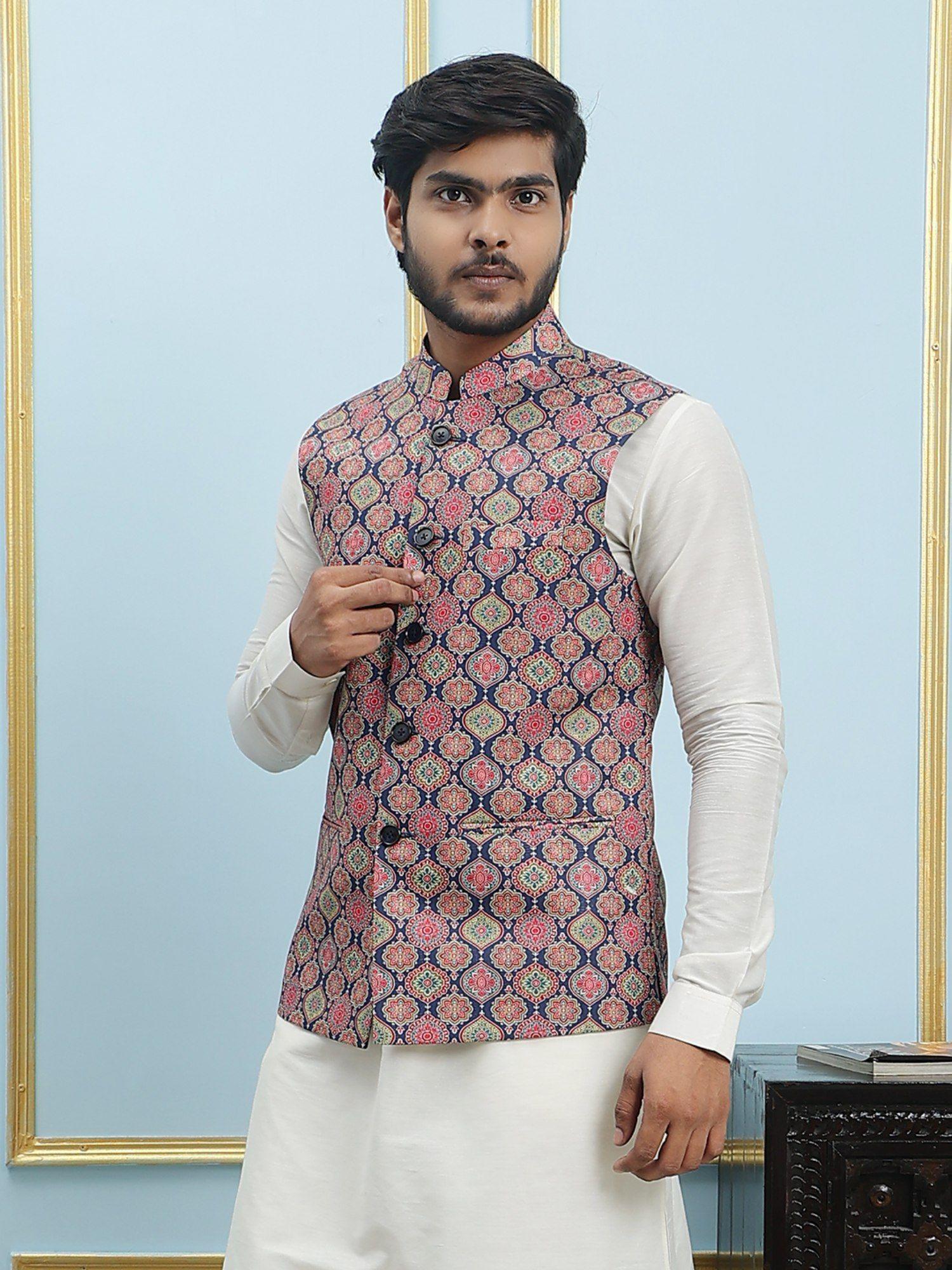 men off white kurta pajama & blue digital print cotton nehru jacket (set of 3)