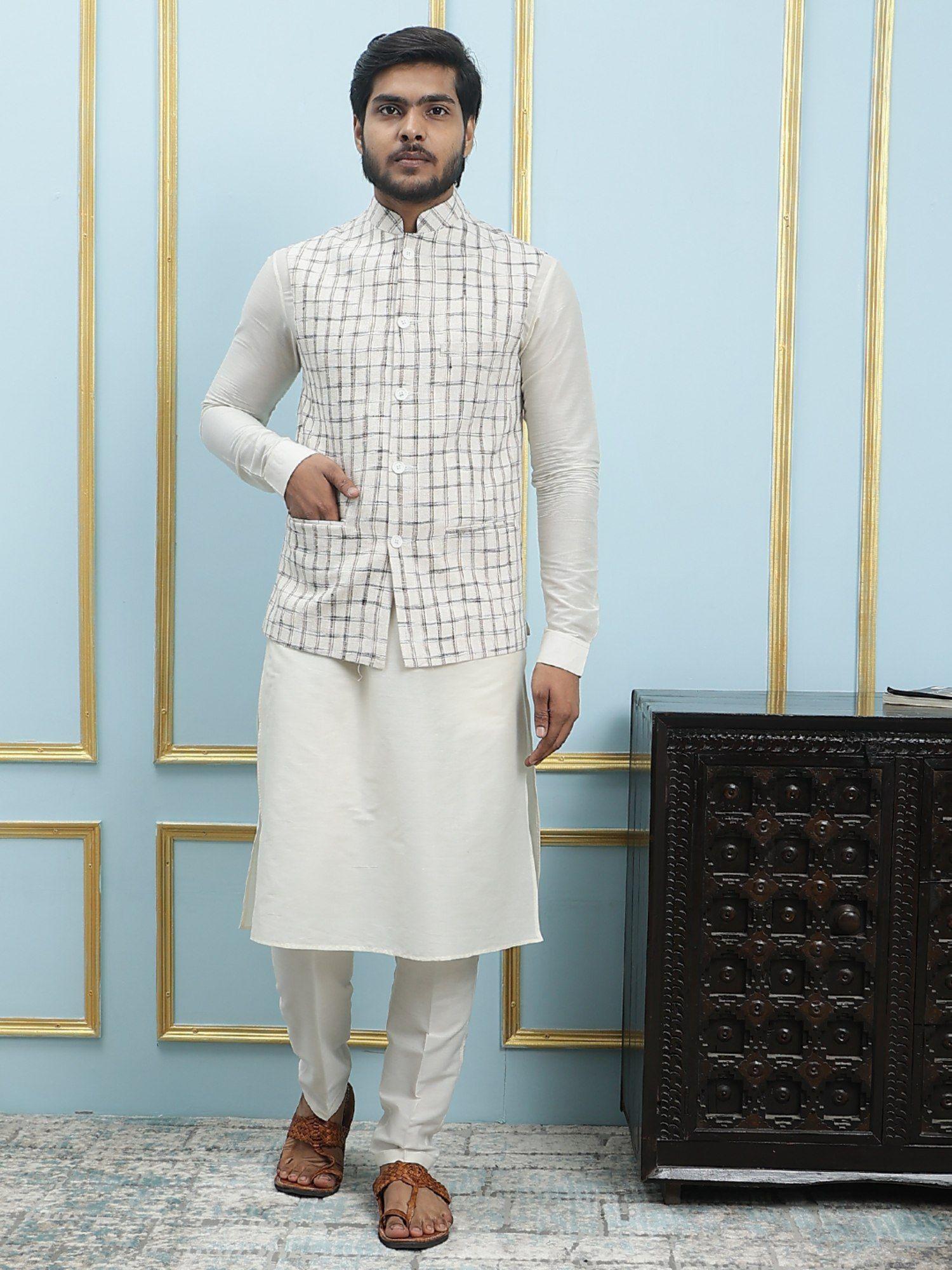 men off white kurta pajama & cream color check khadi nehru jacket (set of 3)