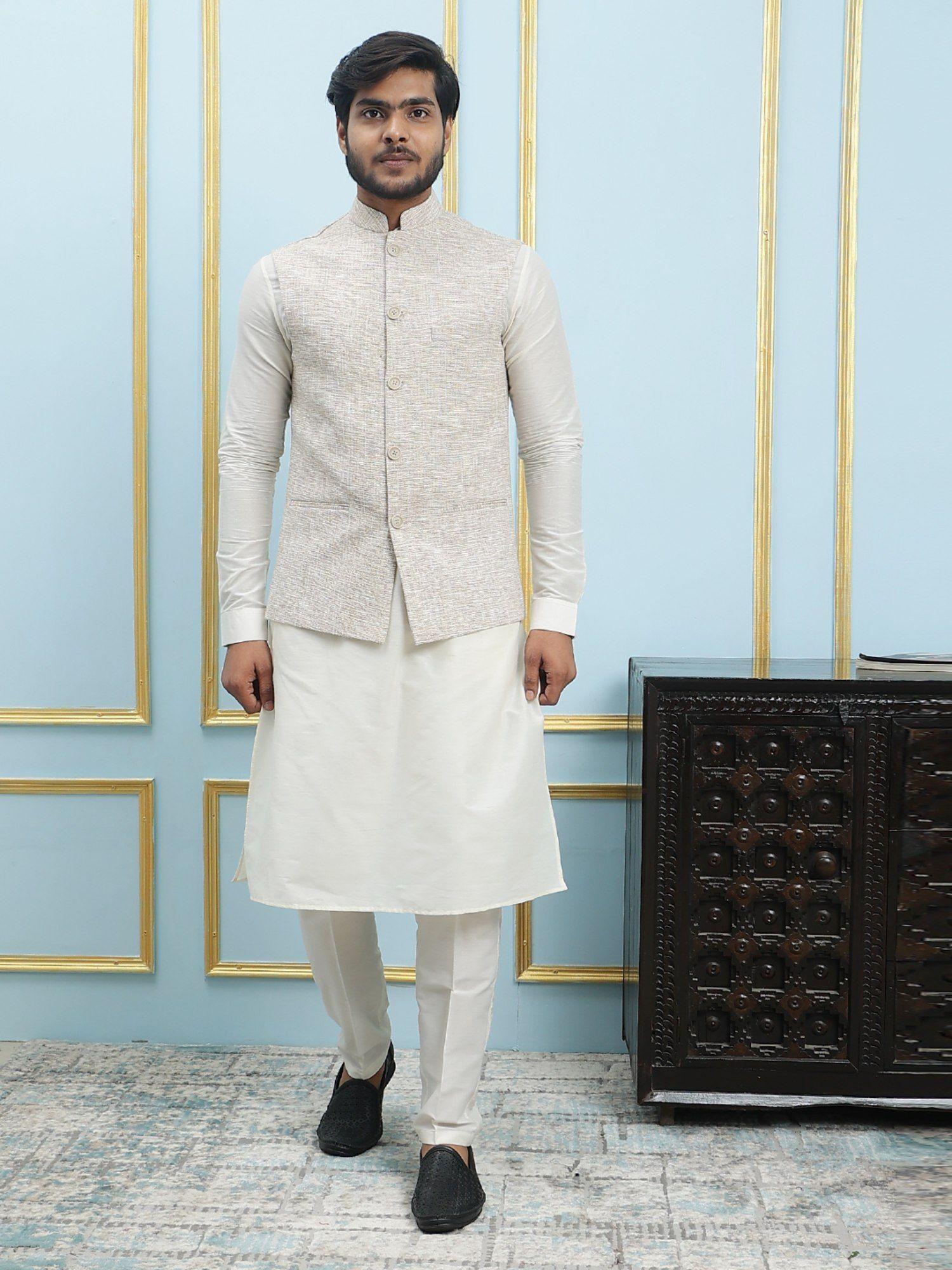 men off white kurta pajama & cream color solid khadi nehru jacket (set of 3)