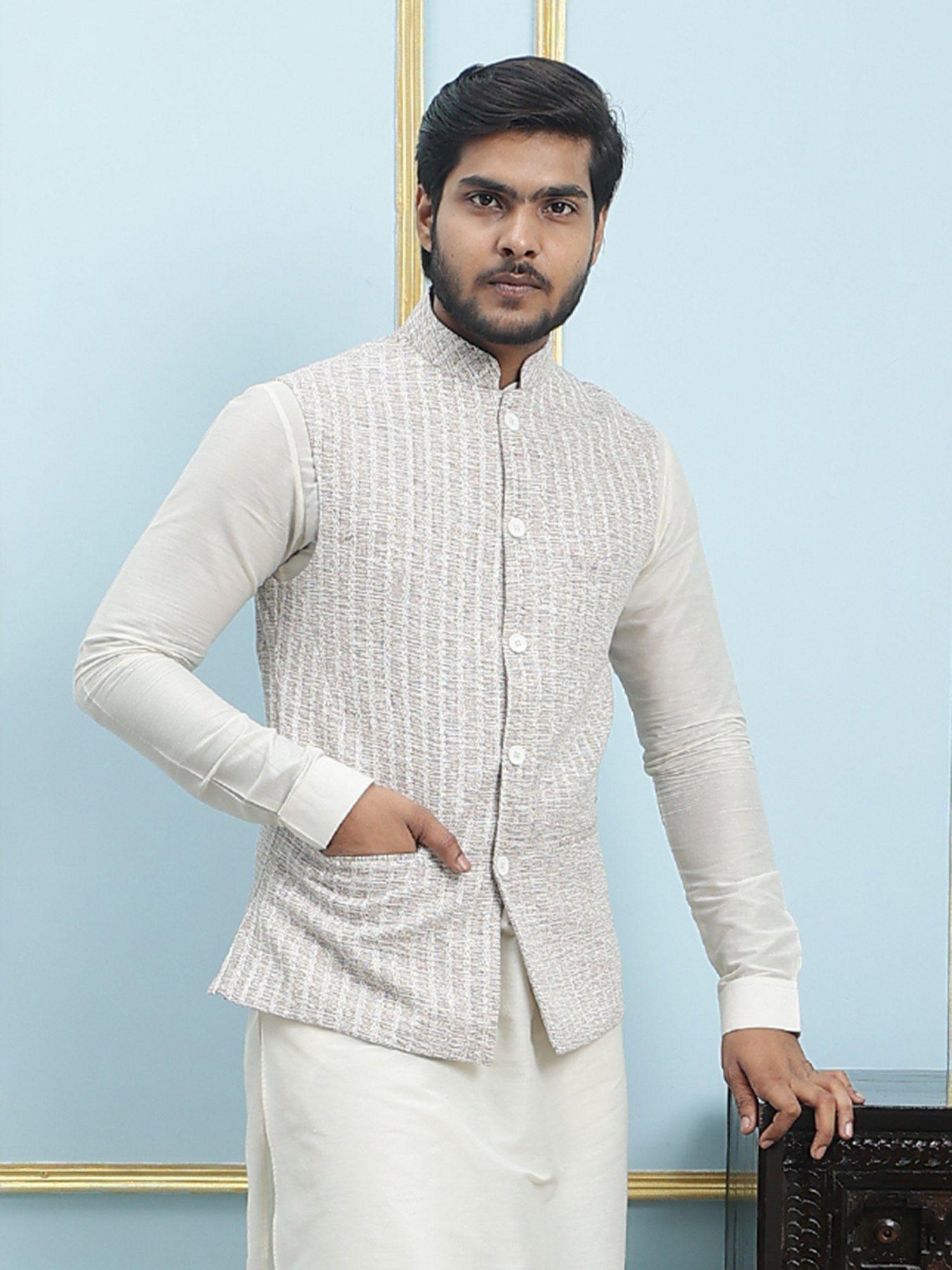 men off white kurta pajama & cream color solid khadi nehru jacket (set of 3)