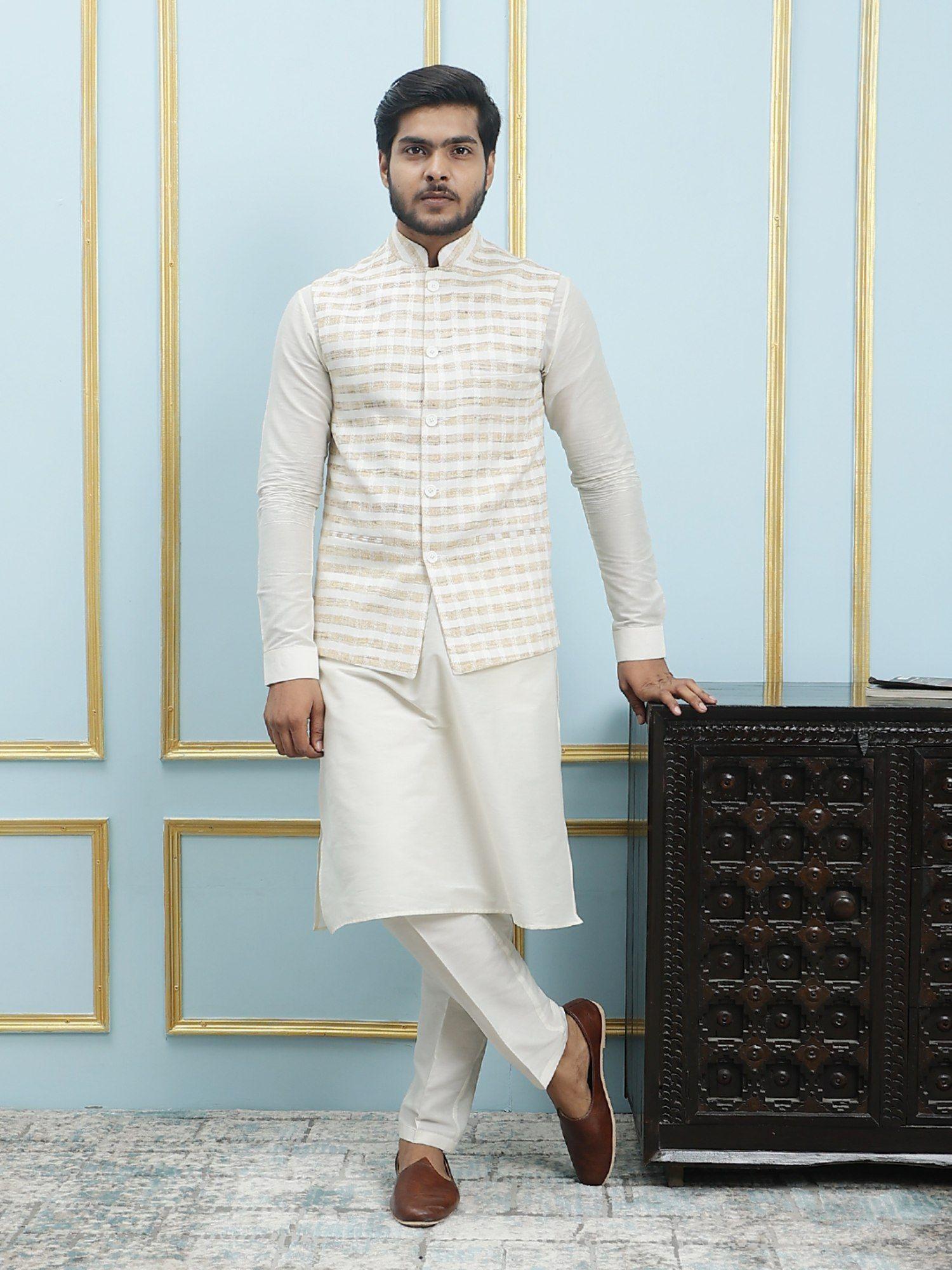 men off white kurta pajama & cream color solid khadi nehru jacket (set of 3)