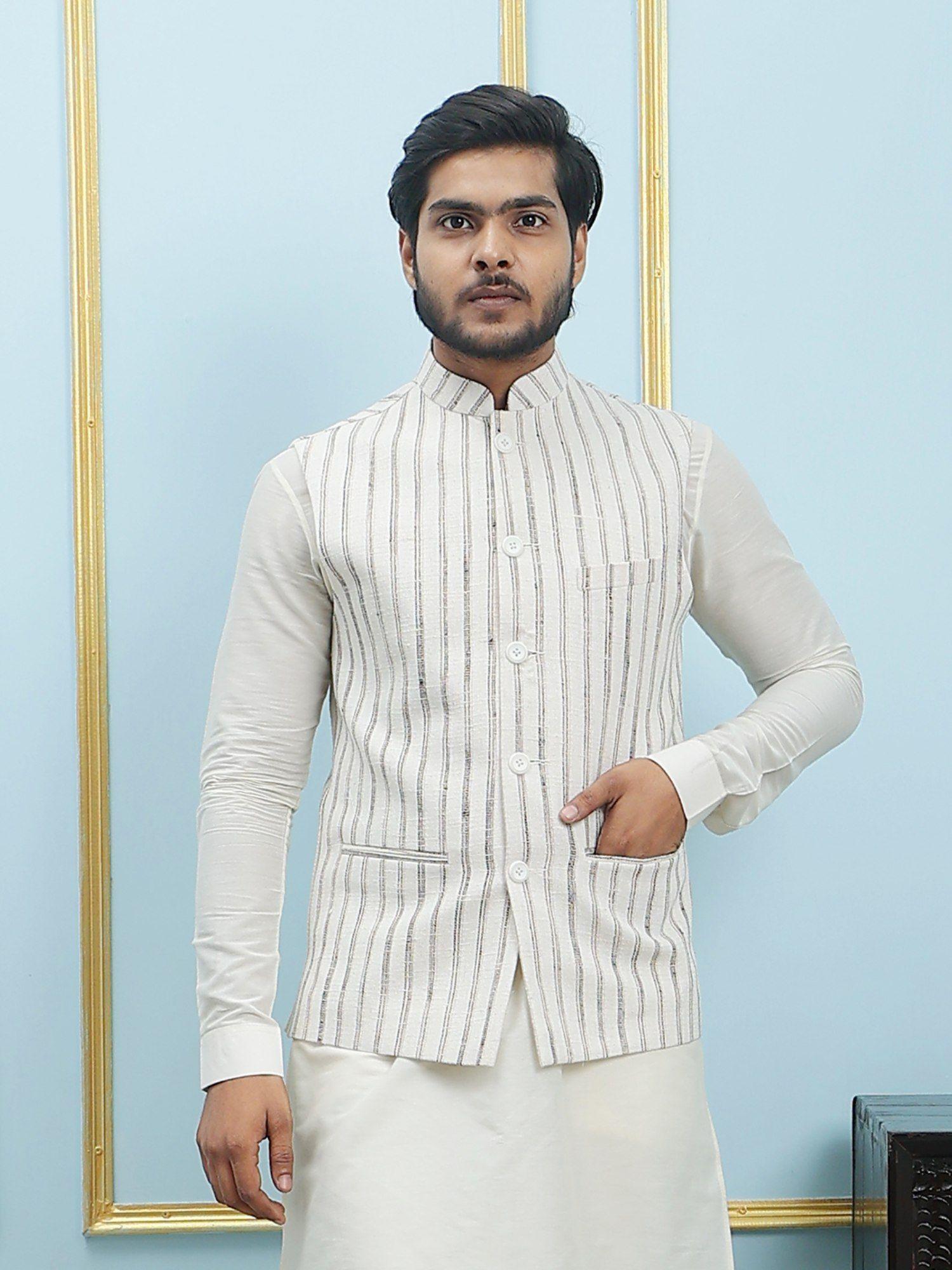 men off white kurta pajama & cream color striped khadi nehru jacket (set of 3)