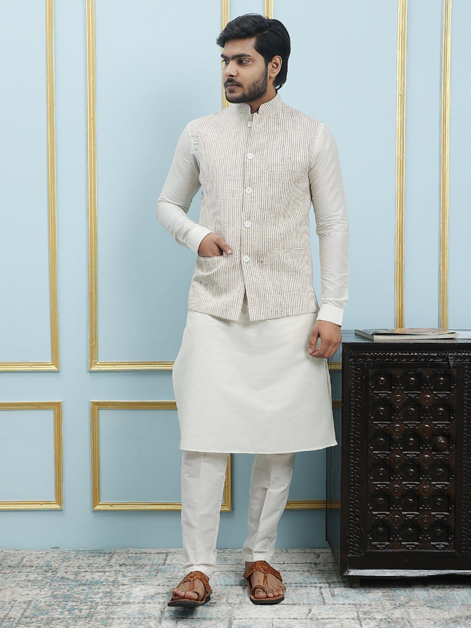 men off white kurta pajama & cream color striped khadi nehru jacket (set of 3)