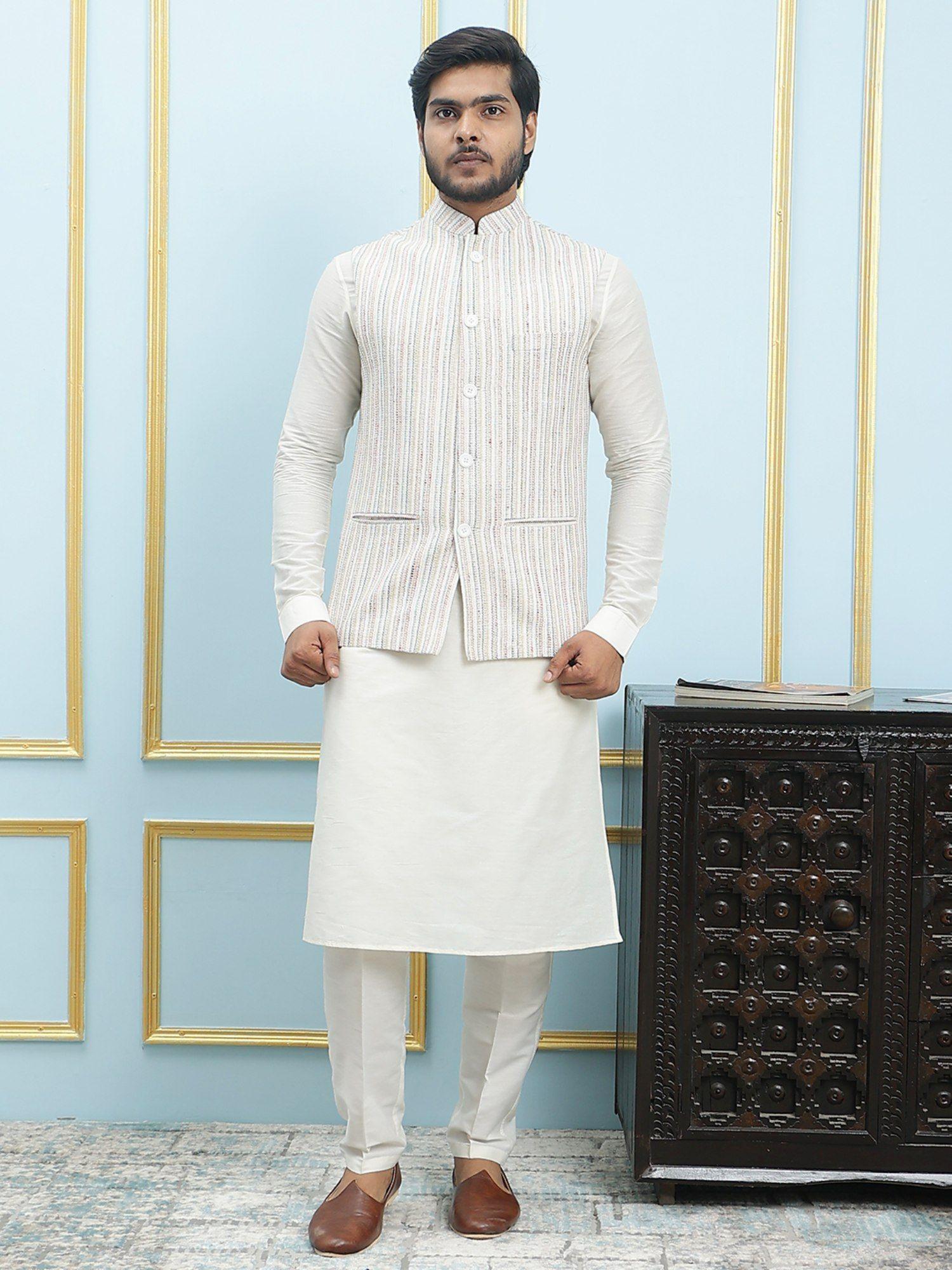 men off white kurta pajama & cream color striped khadi nehru jacket (set of 3)