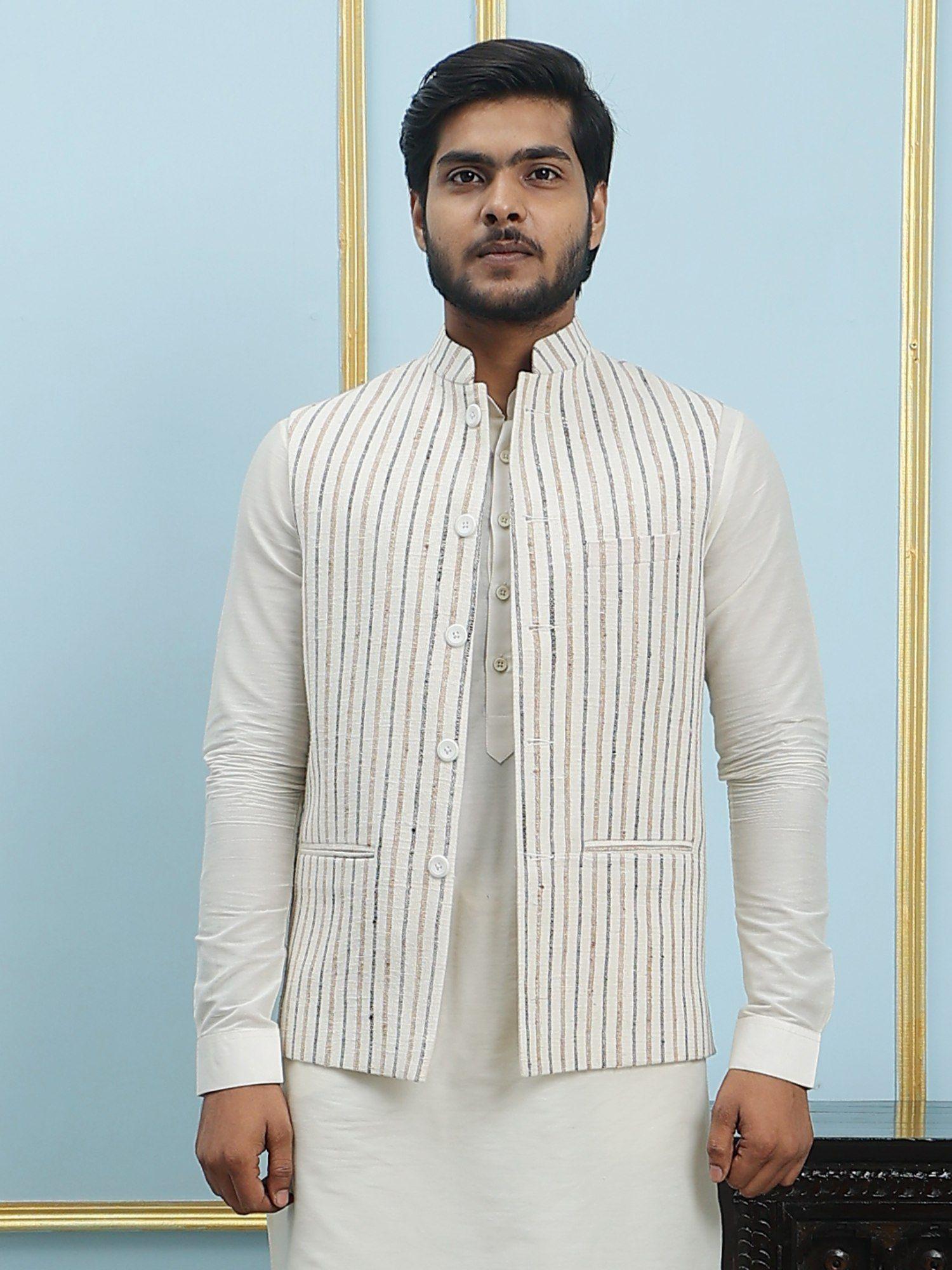 men off white kurta pajama & cream color striped khadi nehru jacket (set of 3)