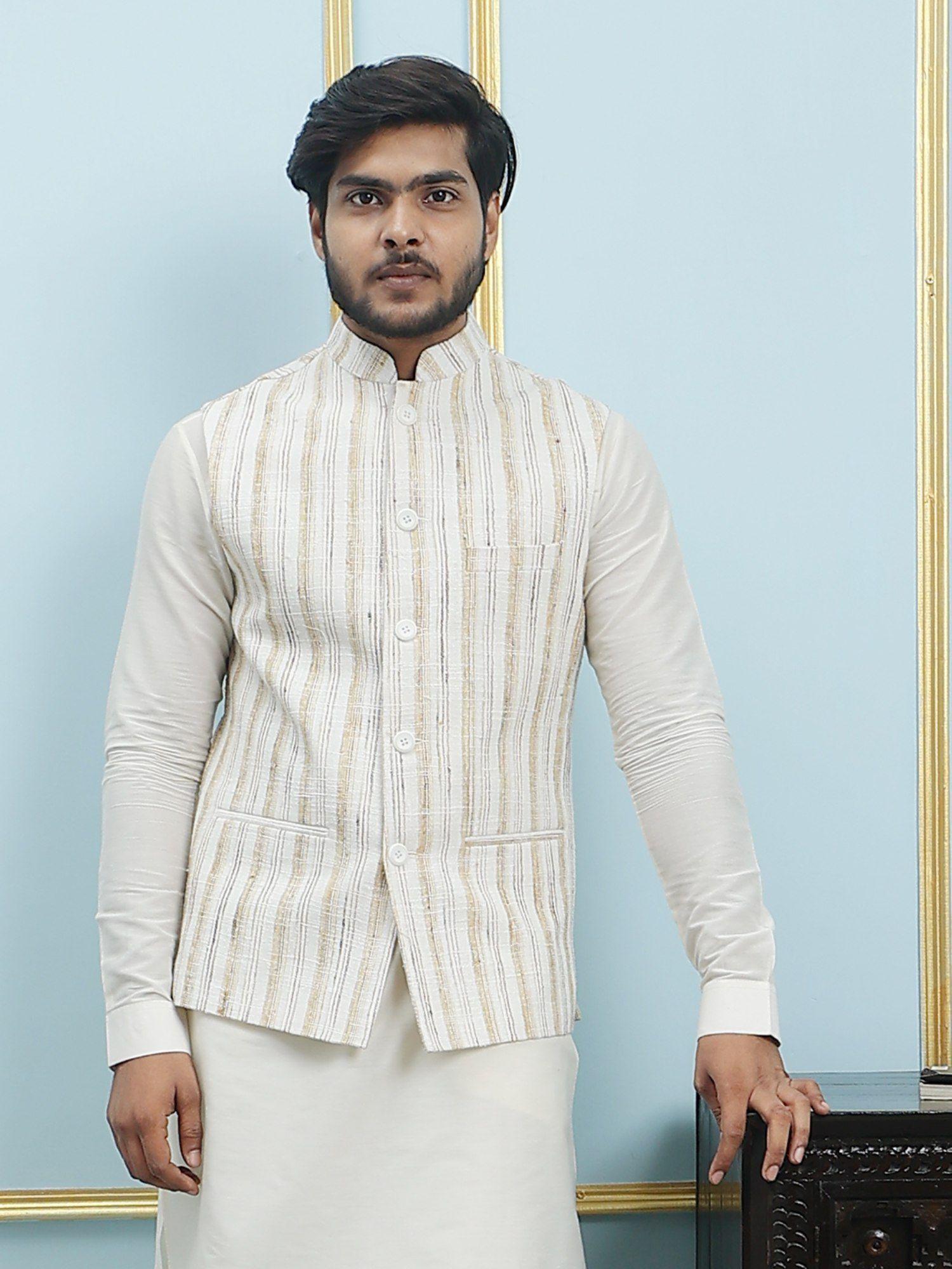 men off white kurta pajama & cream color striped khadi nehru jacket (set of 3)