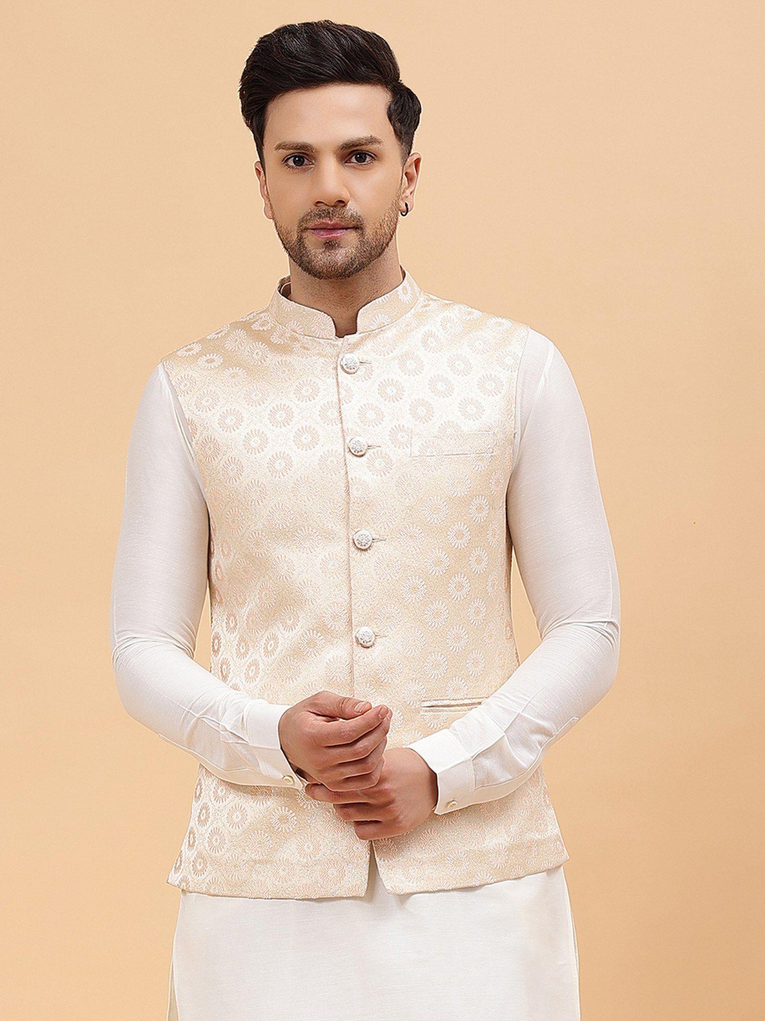 men off white kurta pajama & gold woven design jacquard nehru jacket (set of 3)