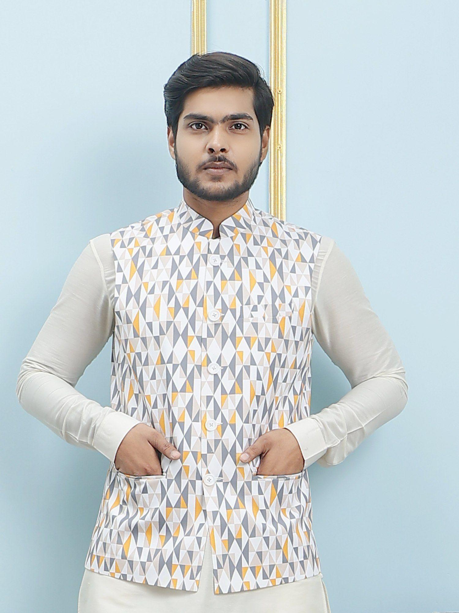 men off white kurta pajama & off white digital print nehru jacket (set of 3)