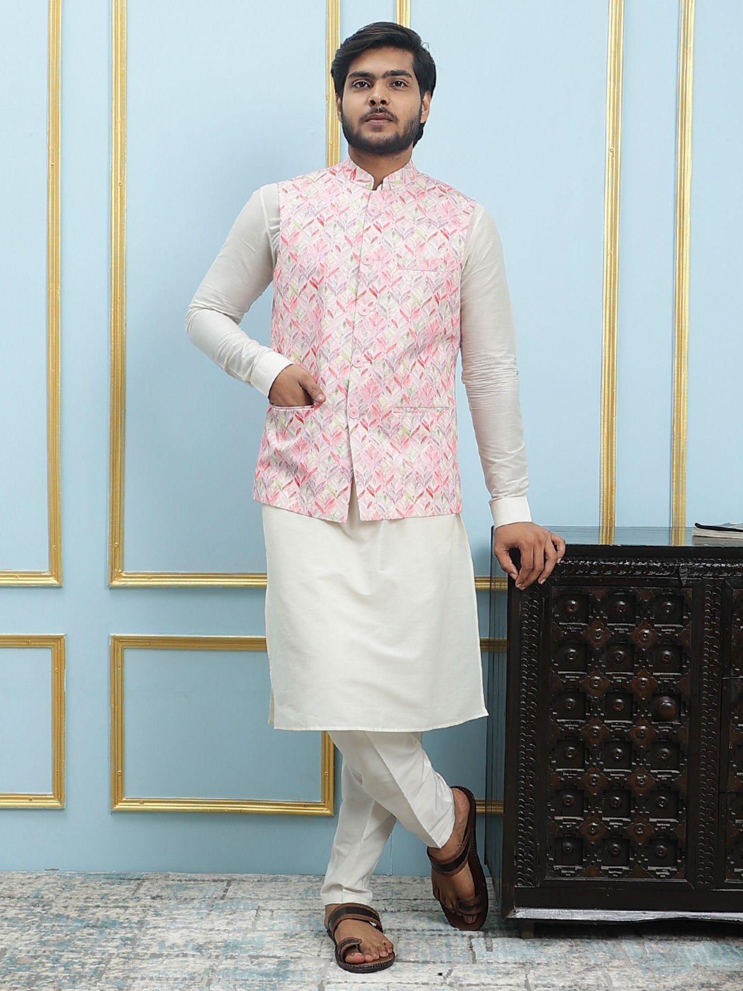 men off white kurta pajama & pink digital print cotton nehru jacket (set of 3)