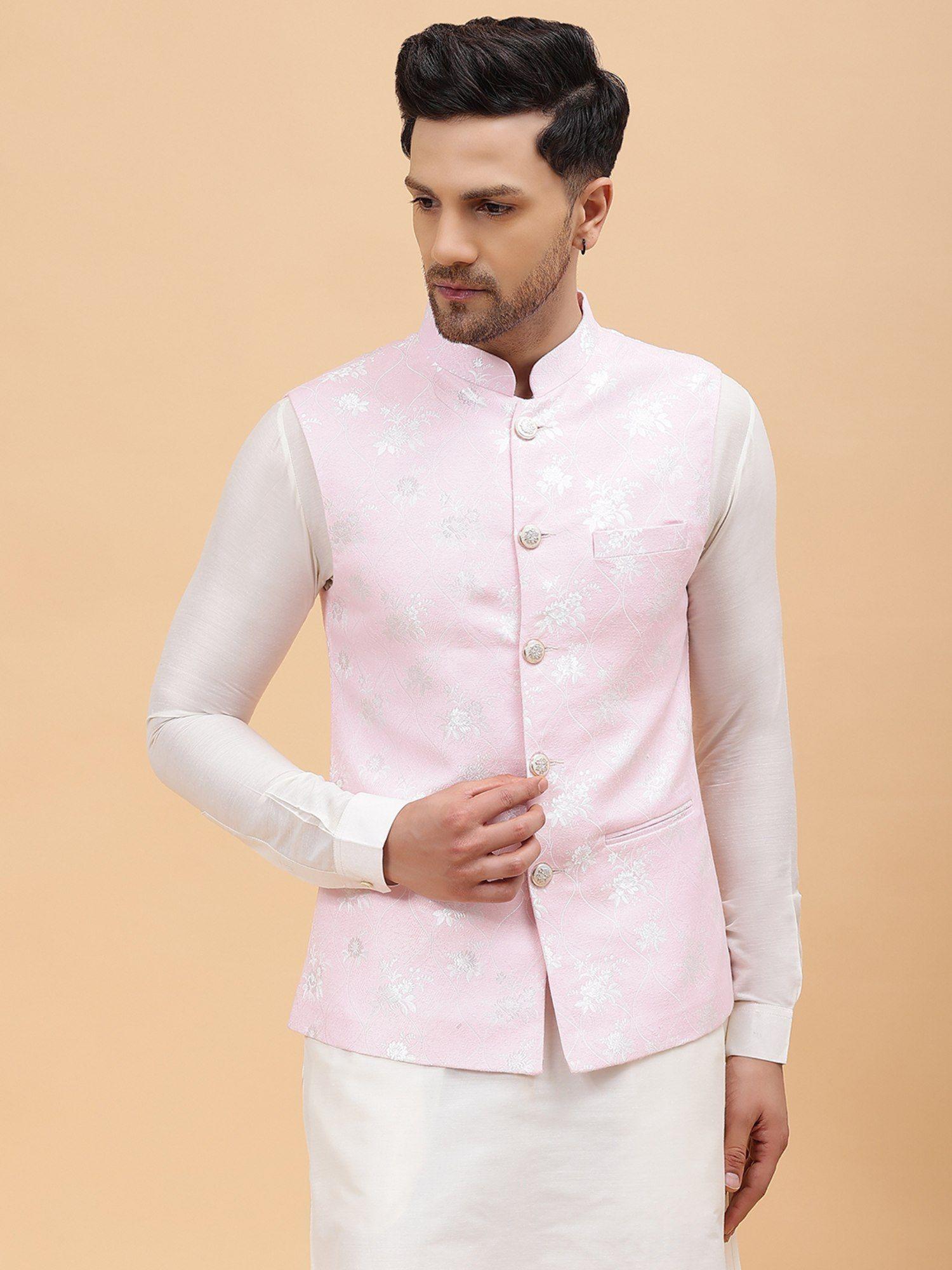 men off white kurta pajama & pink woven design jacquard nehru jacket (set of 3)