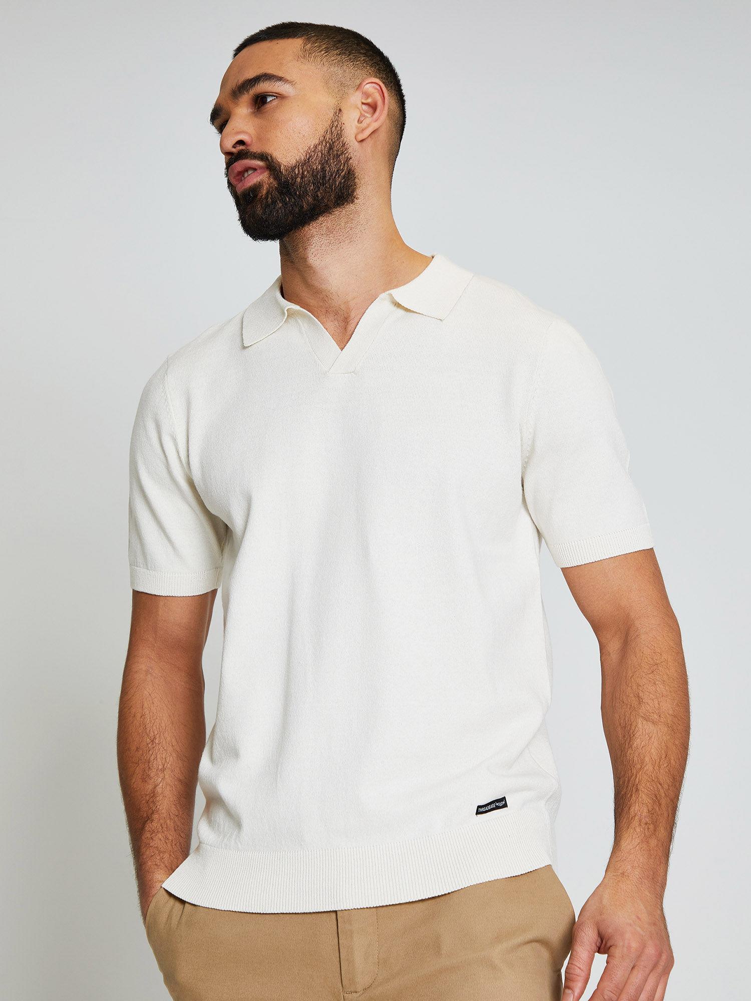 men off white open revere collar knitted polo t-shirt