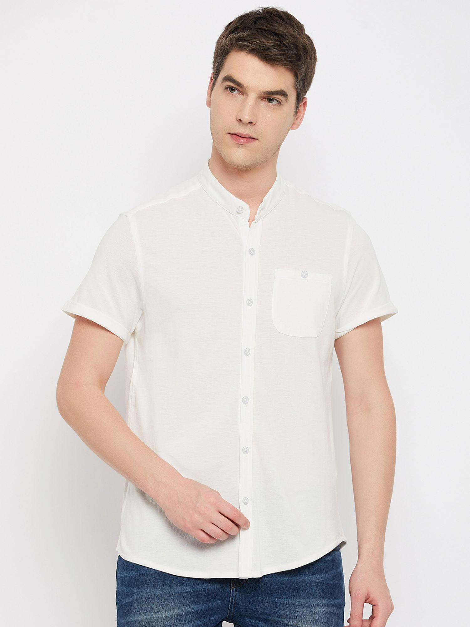 men off white solid mandarin collar shirt