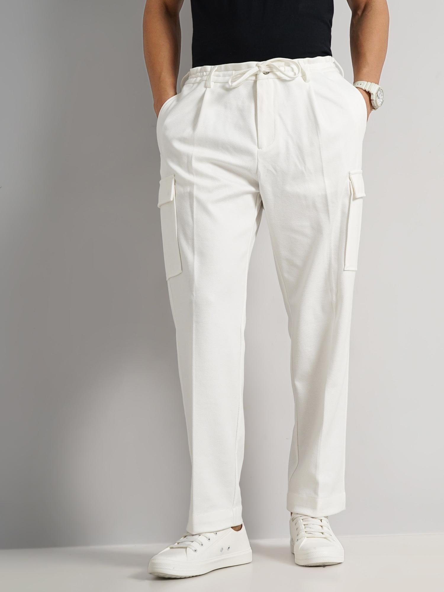 men off white solid regular fit cotton trousers