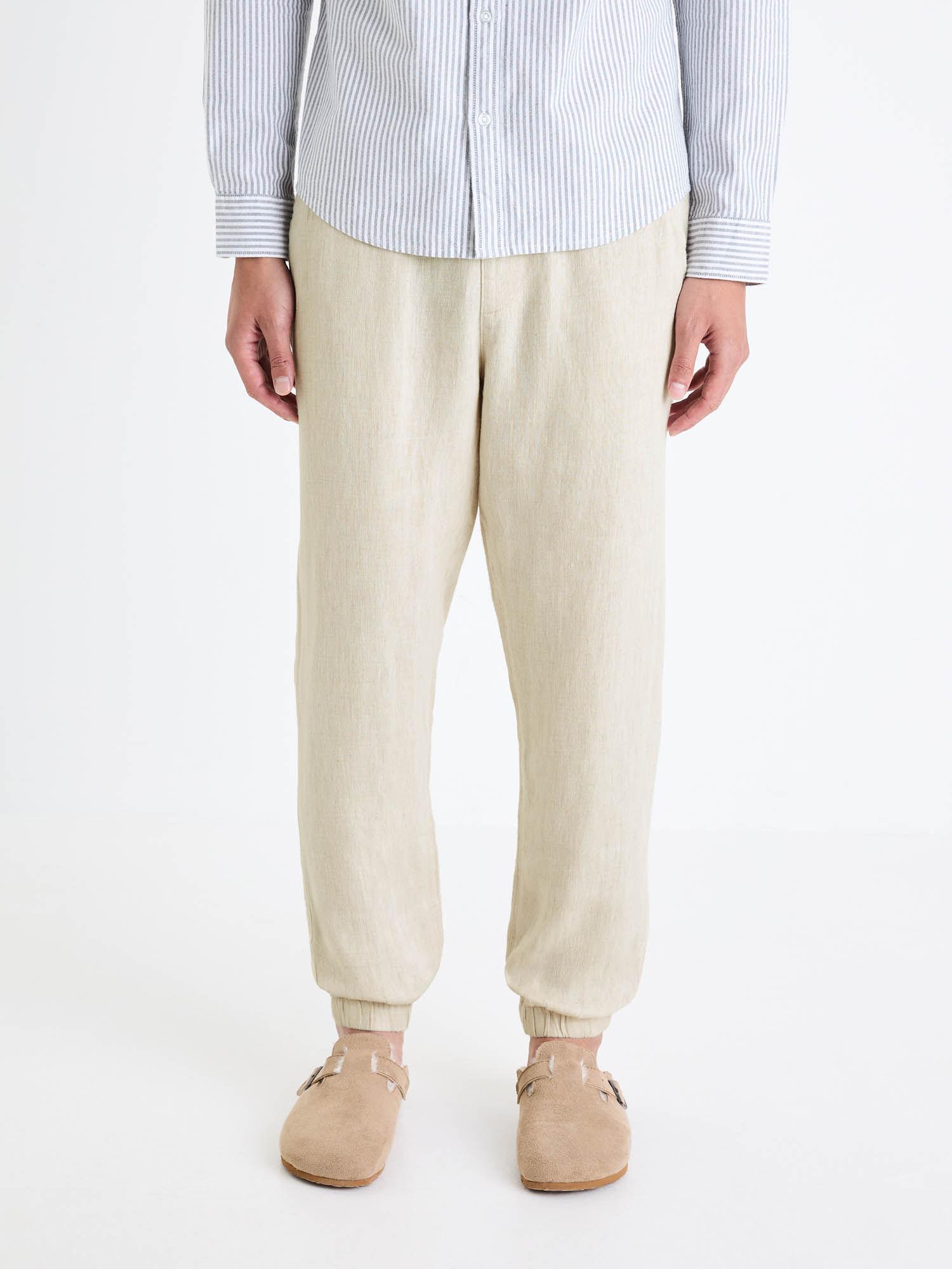 men off white solid regular fit linen joggers