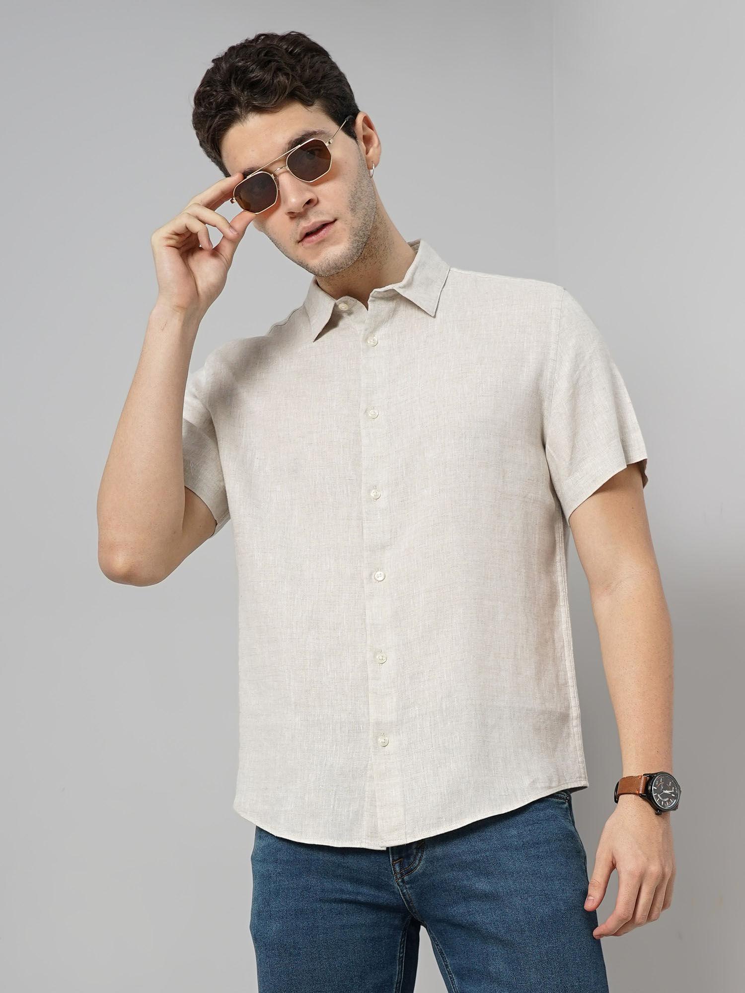 men off white solid regular fit linen solid casual shirt
