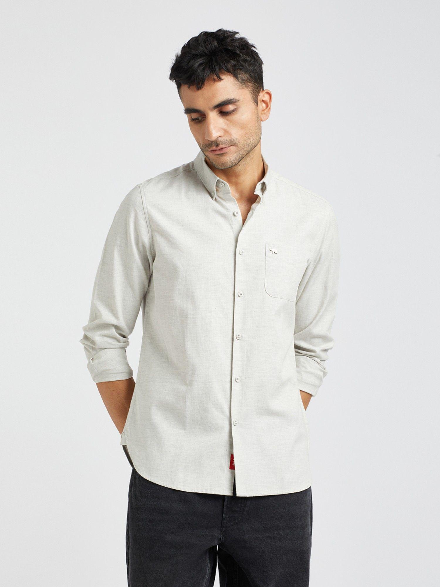 men off white solid slim fit cotton casual shirt