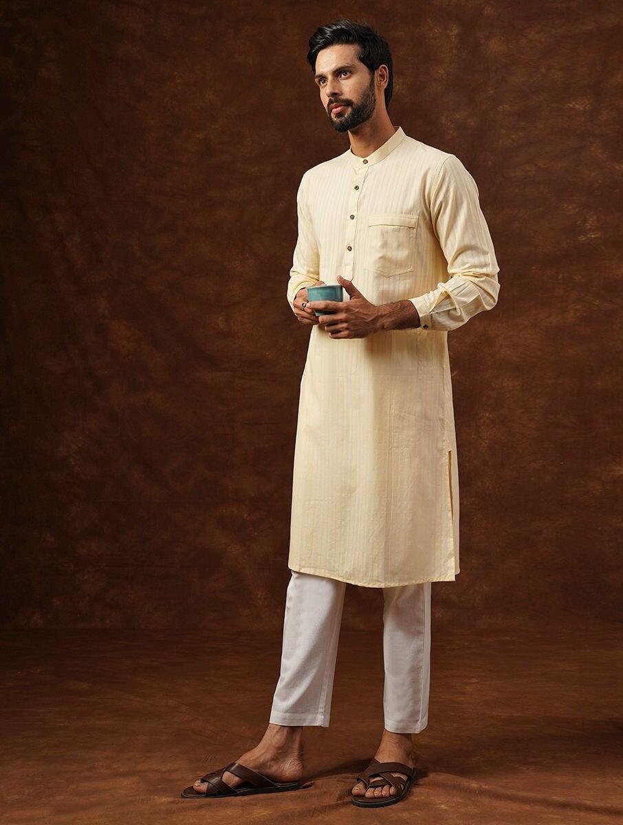 men off white_cream cotton self design round neck regular fit kurta